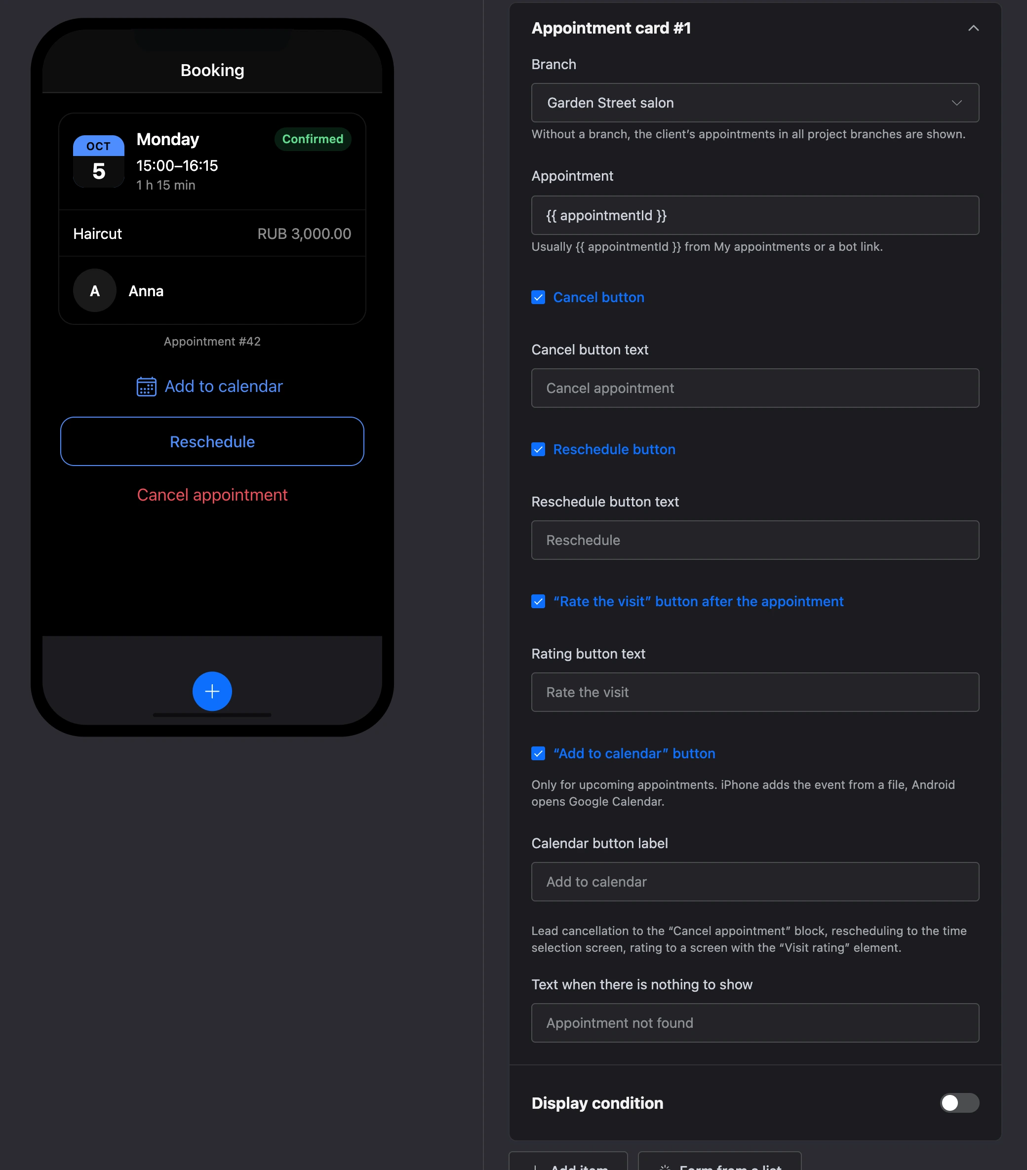 The "Appointment card" element: an appointment with buttons and the element's settings