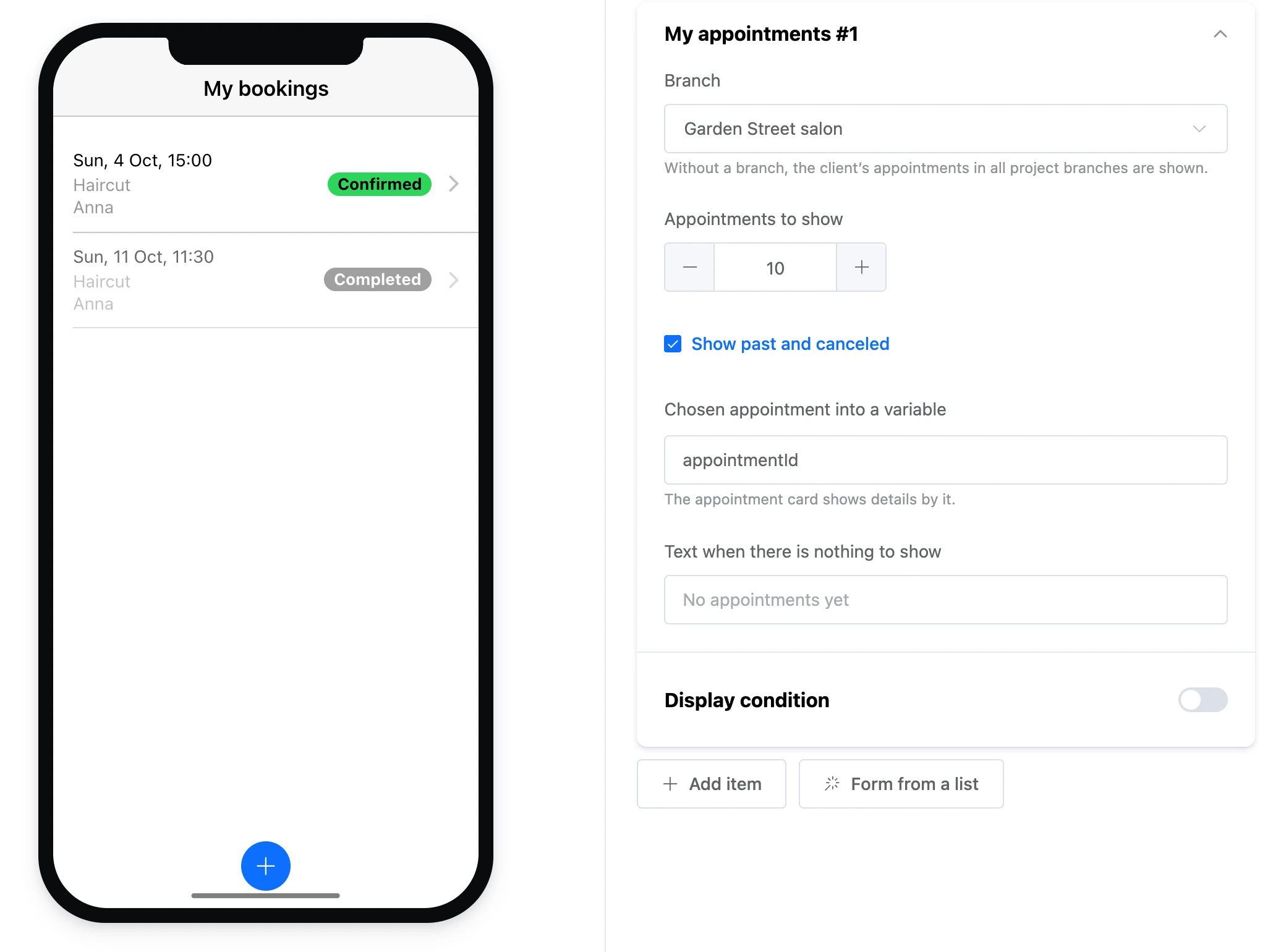 The "My appointments" element: sample appointments and the element's settings