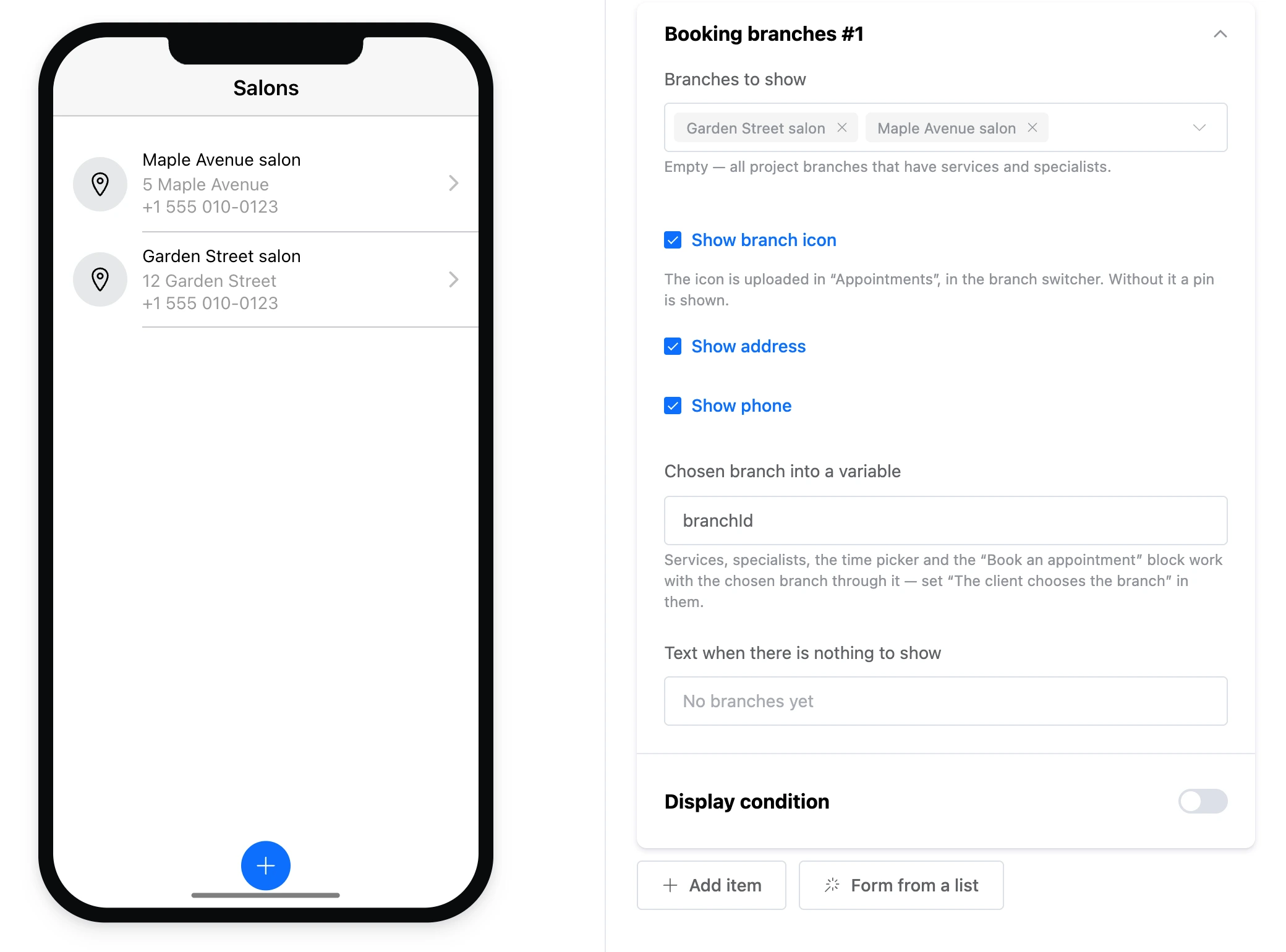 The "Booking branches" element: two salons with addresses and phones and the element's settings