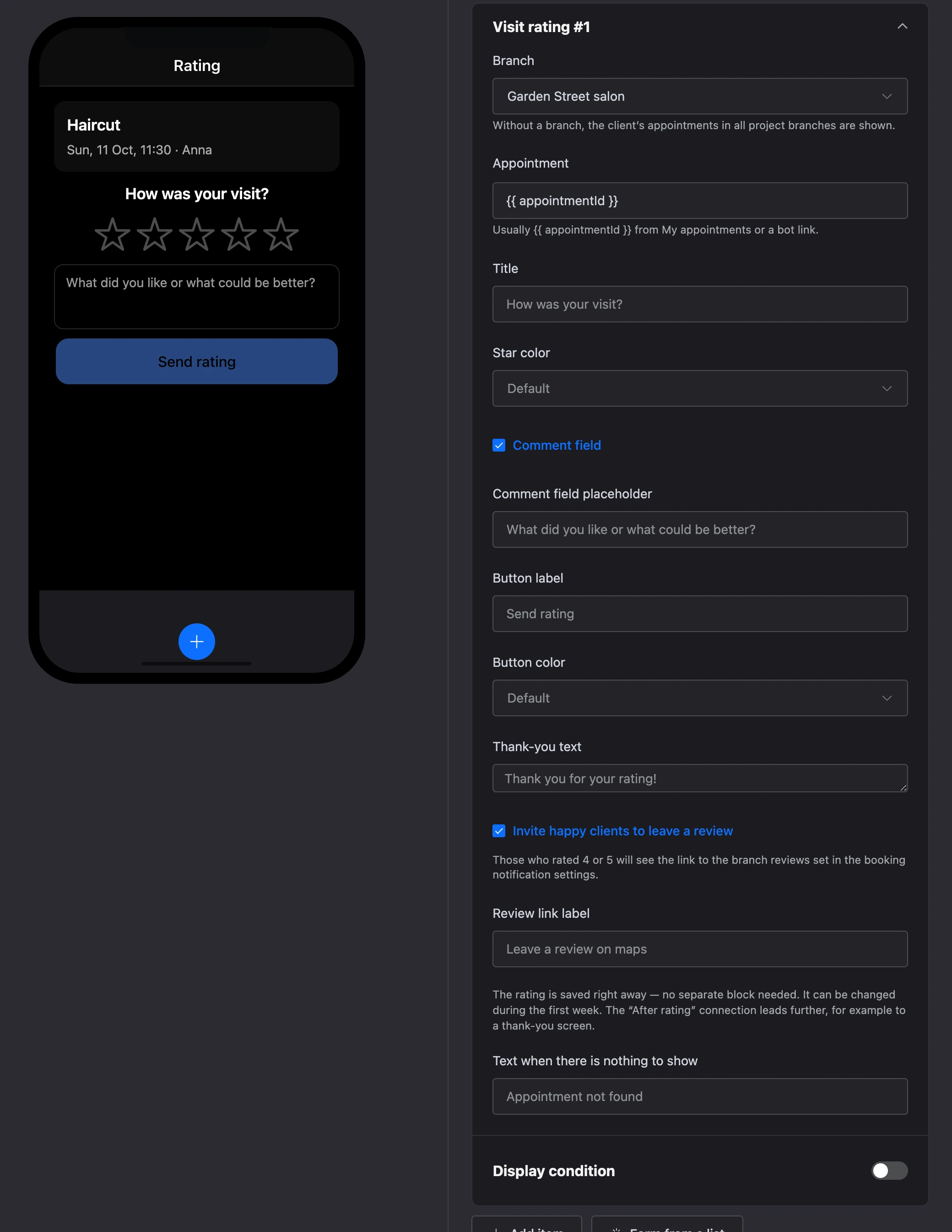 The "Visit rating" element: stars, a comment and the "Send rating" button and the element's settings