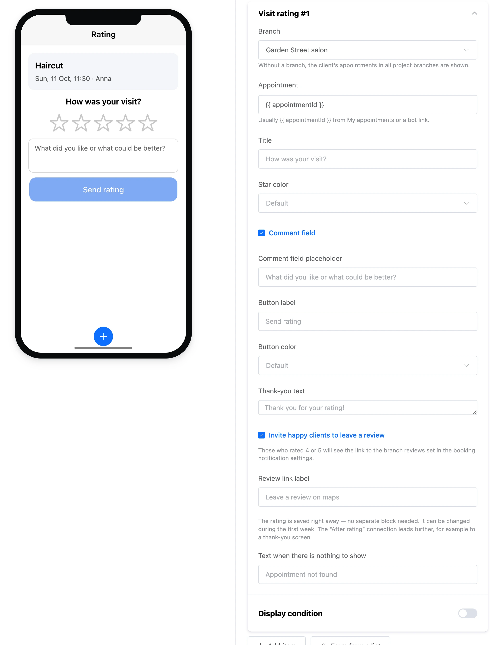 The "Visit rating" element: stars, a comment and the "Send rating" button and the element's settings