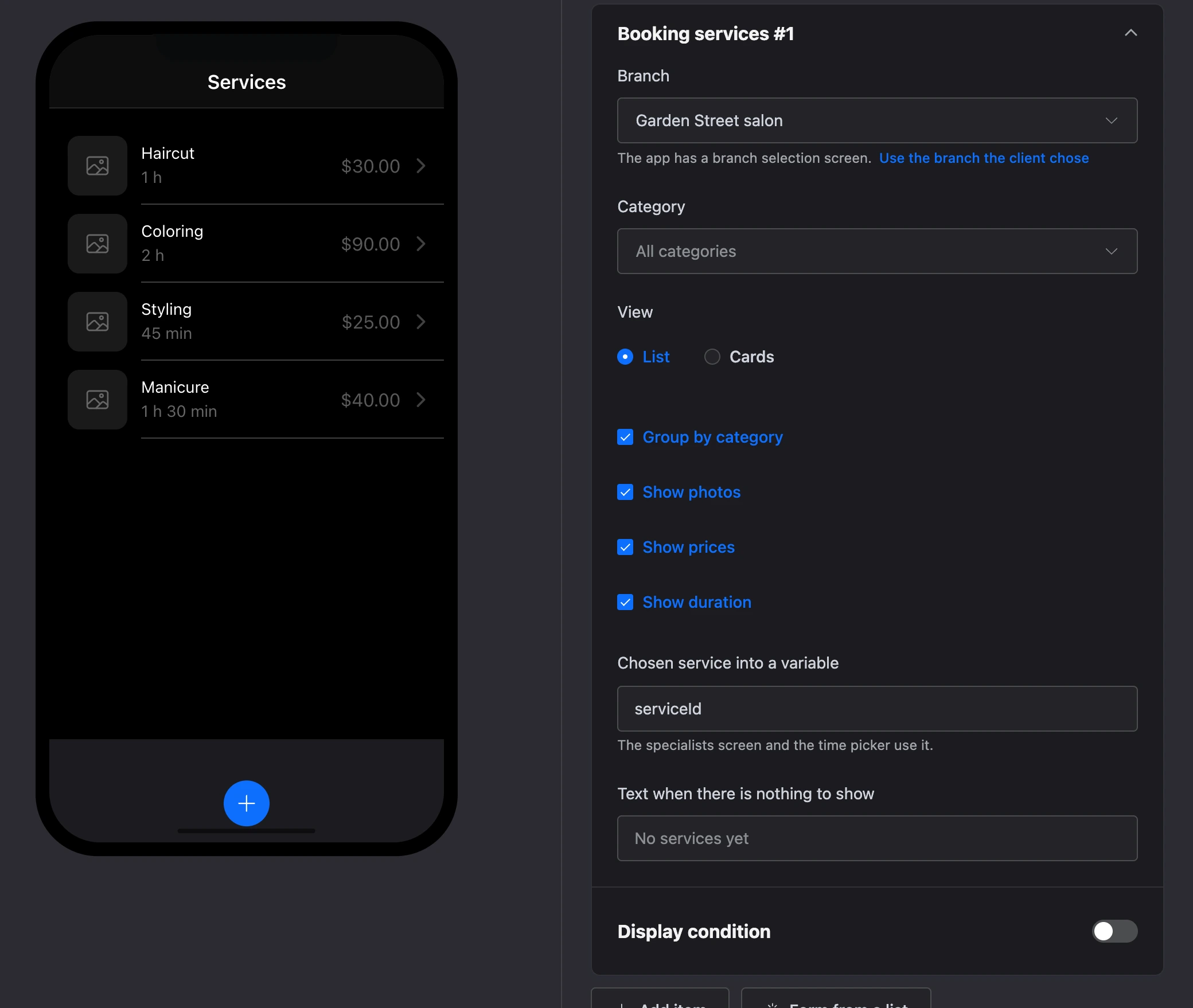 The "Booking services" element: services with price and duration and the element's settings