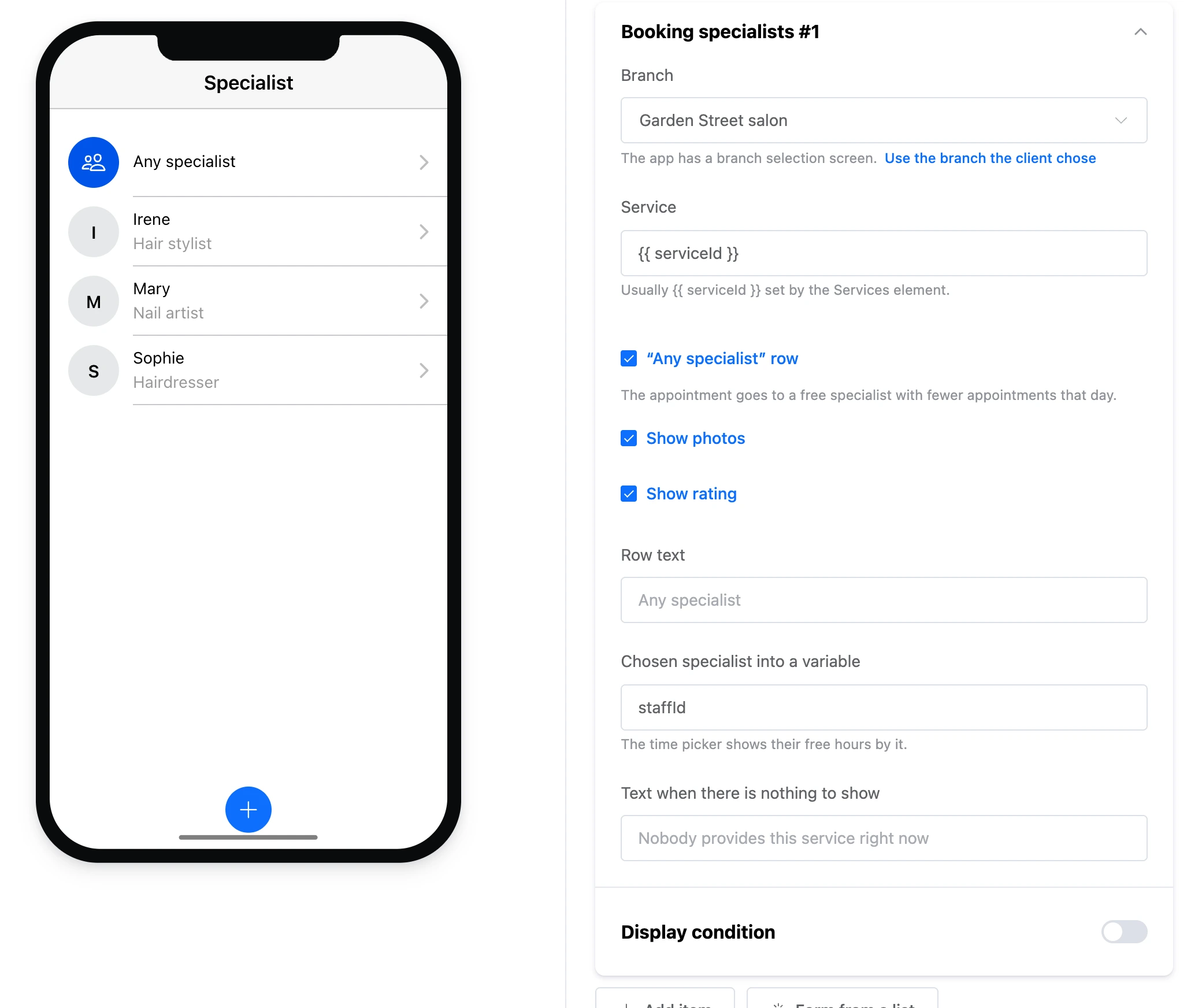 The "Booking specialists" element: the "Any specialist" row and the specialists, and the element's settings