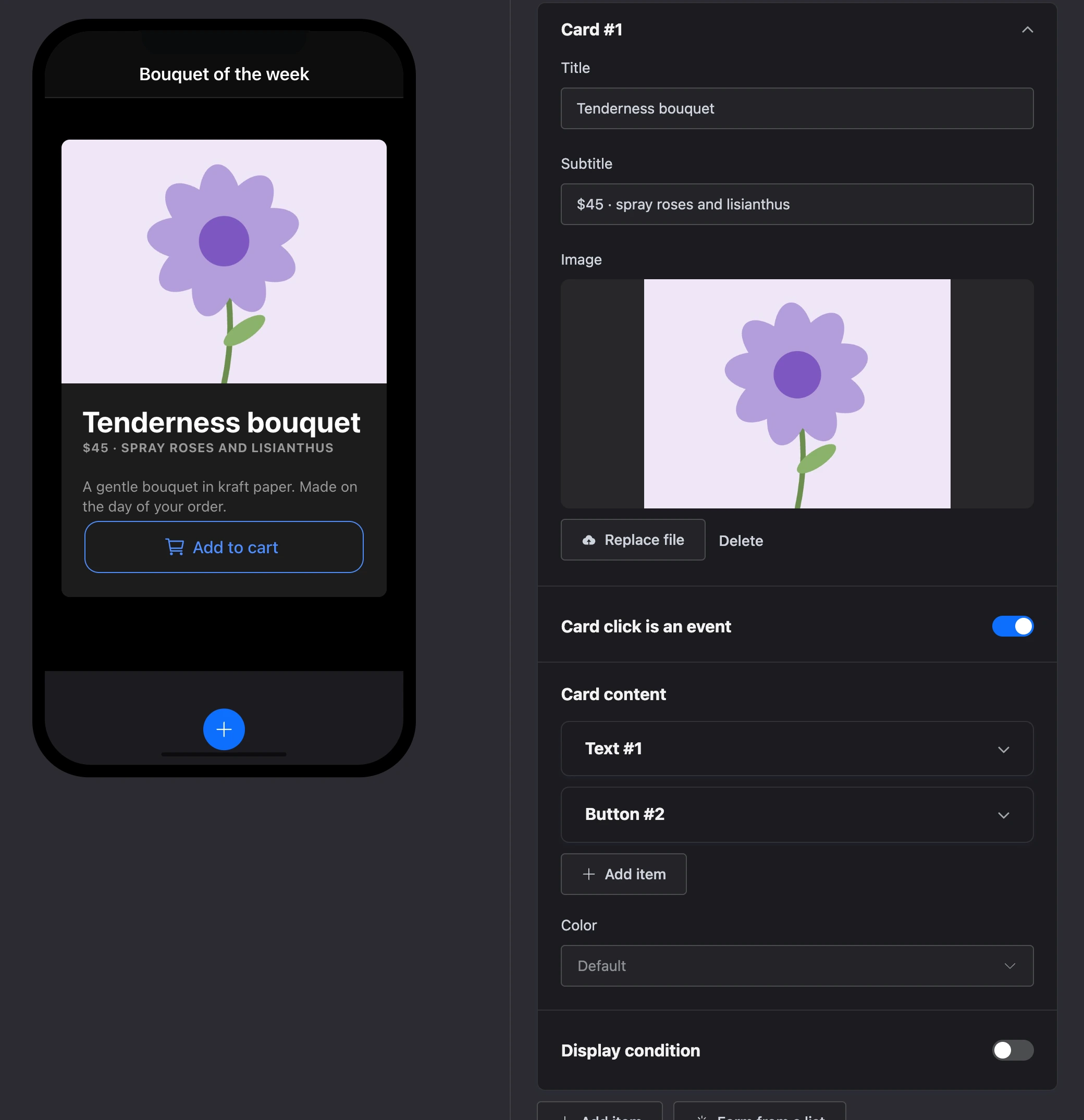 The "Card" element: an image, title, subtitle, text and a button inside, and the card's settings