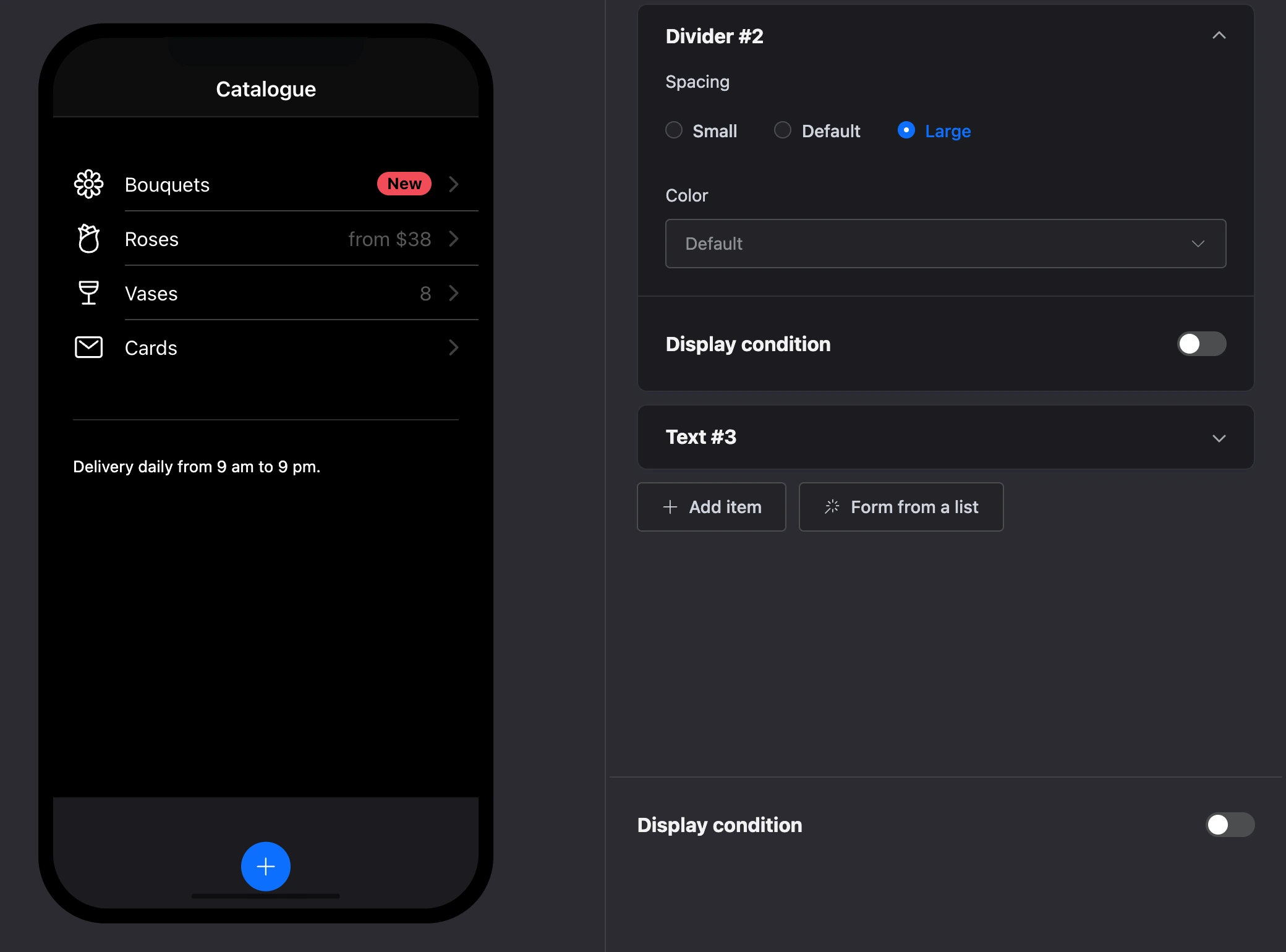 The "Divider" element: a line between a list and text and its settings