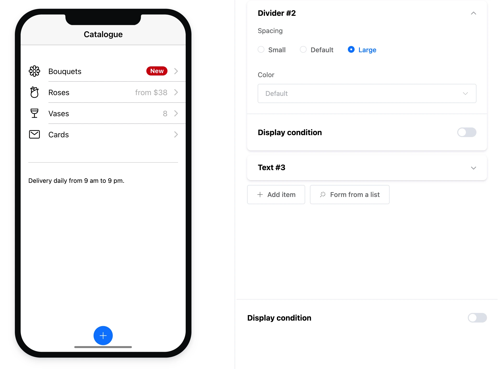 The "Divider" element: a line between a list and text and its settings