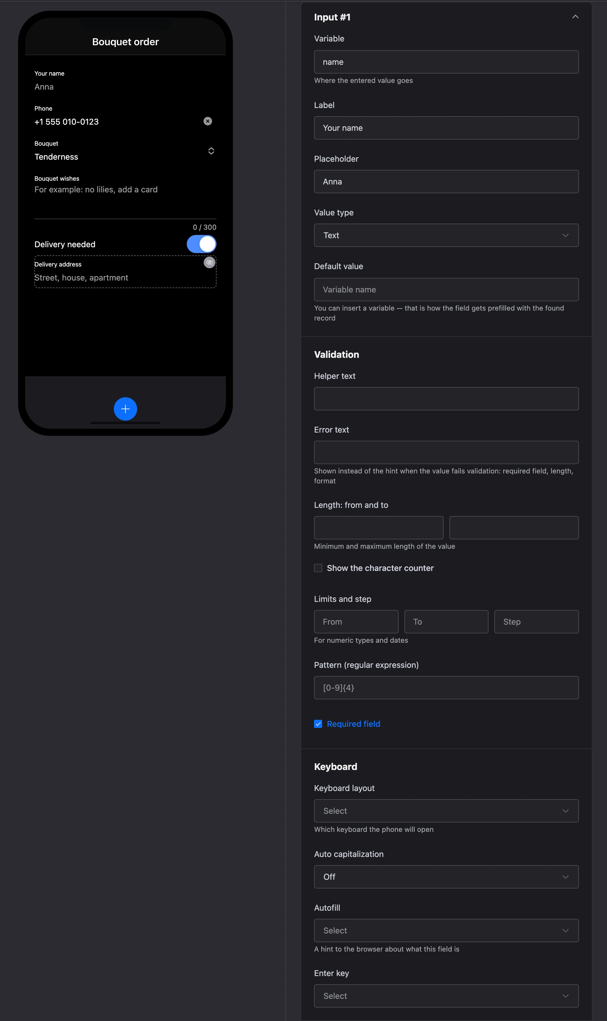 The "Input" element: name and phone fields on the screen and the field's settings