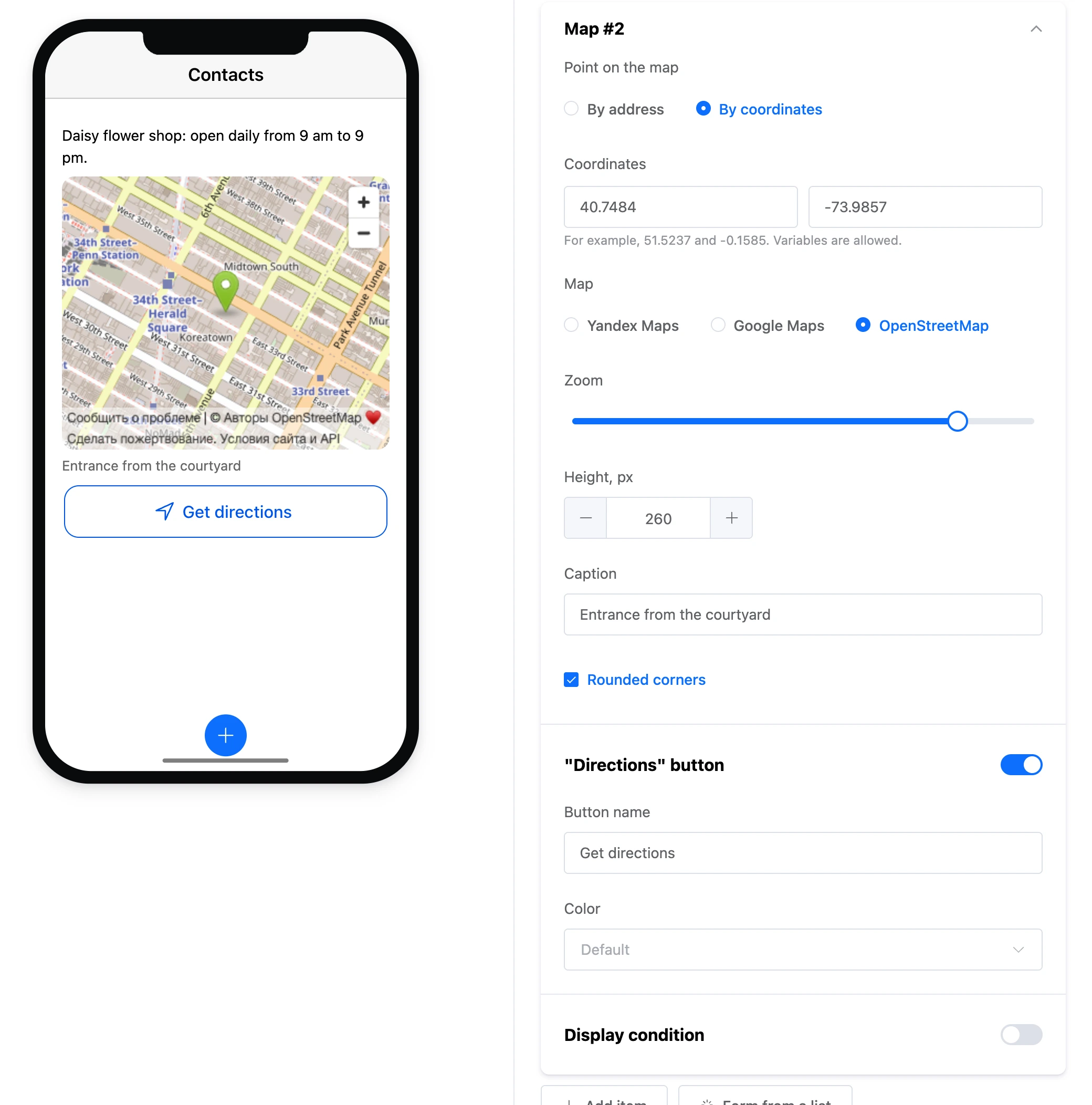 The "Map" element: a point on the map, a caption and the "Get directions" button, and the element's settings