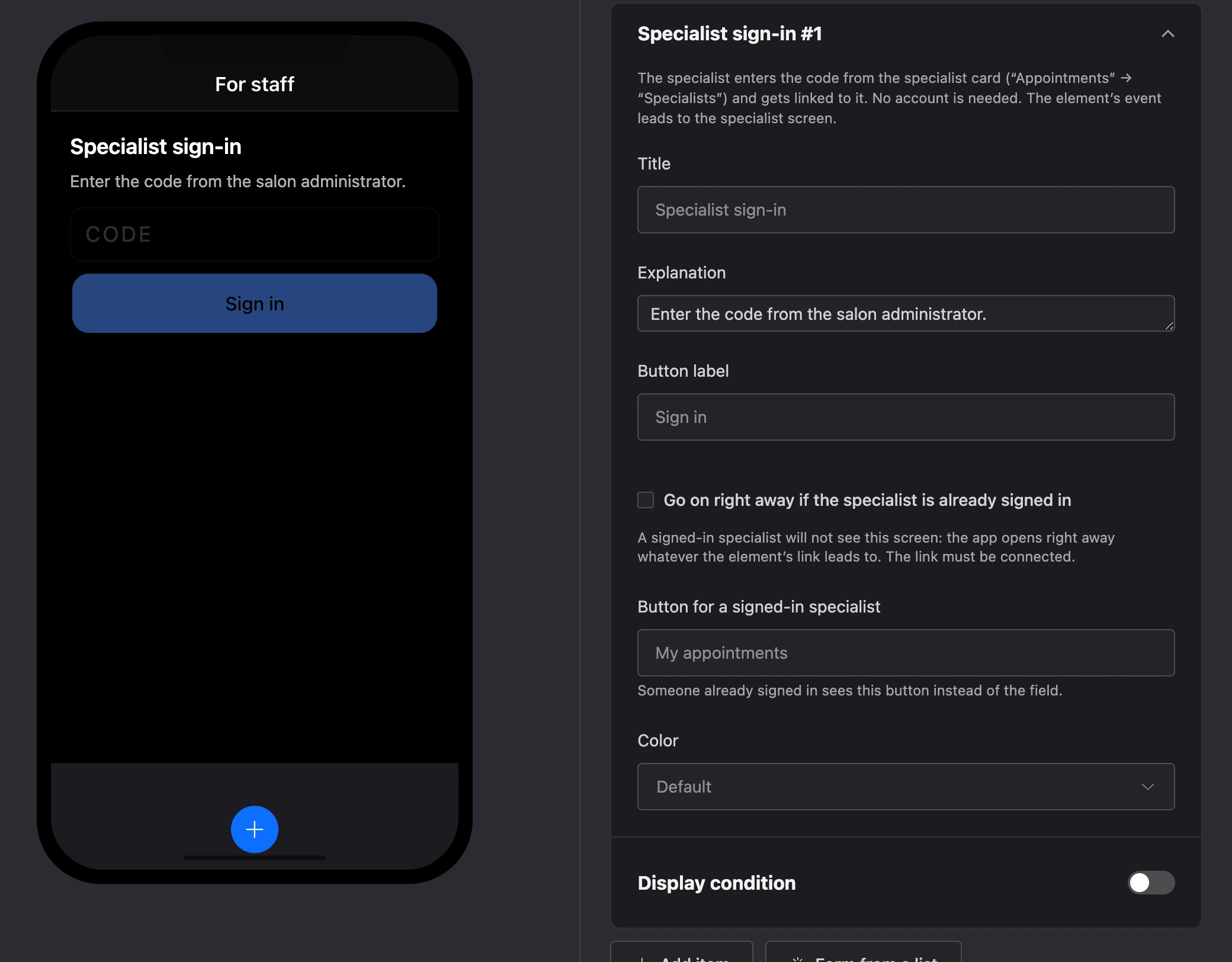 The "Specialist sign-in" element: the code field and the "Sign in" button and the element's settings