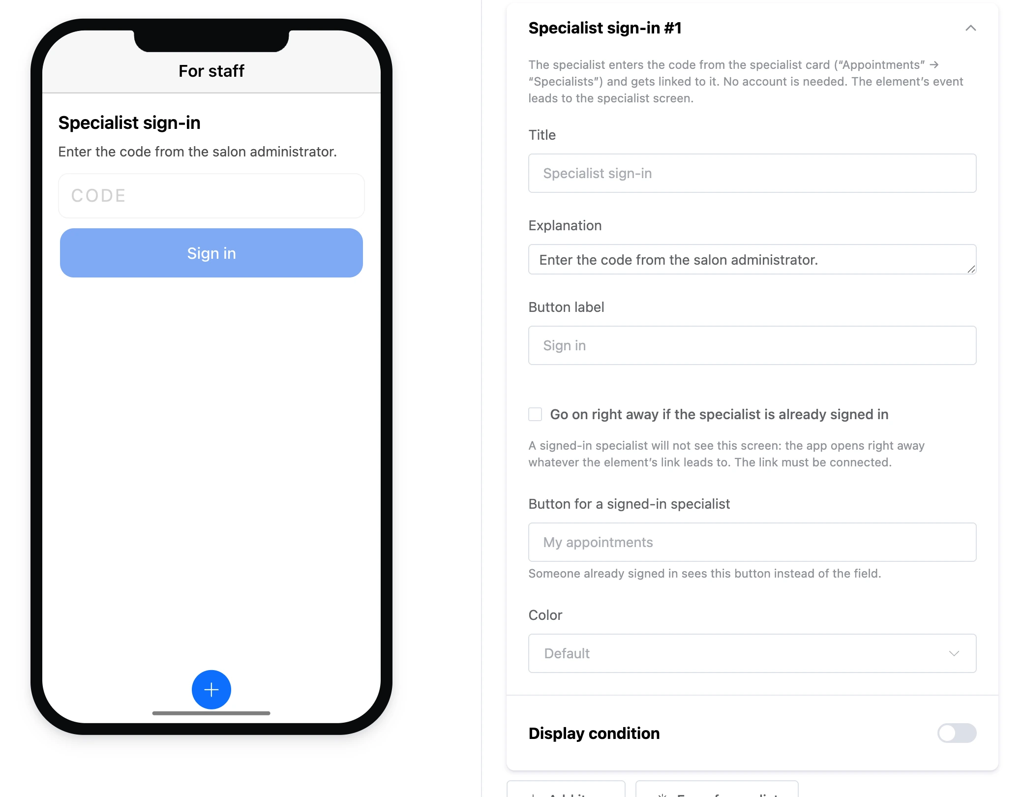 The "Specialist sign-in" element: the code field and the "Sign in" button and the element's settings
