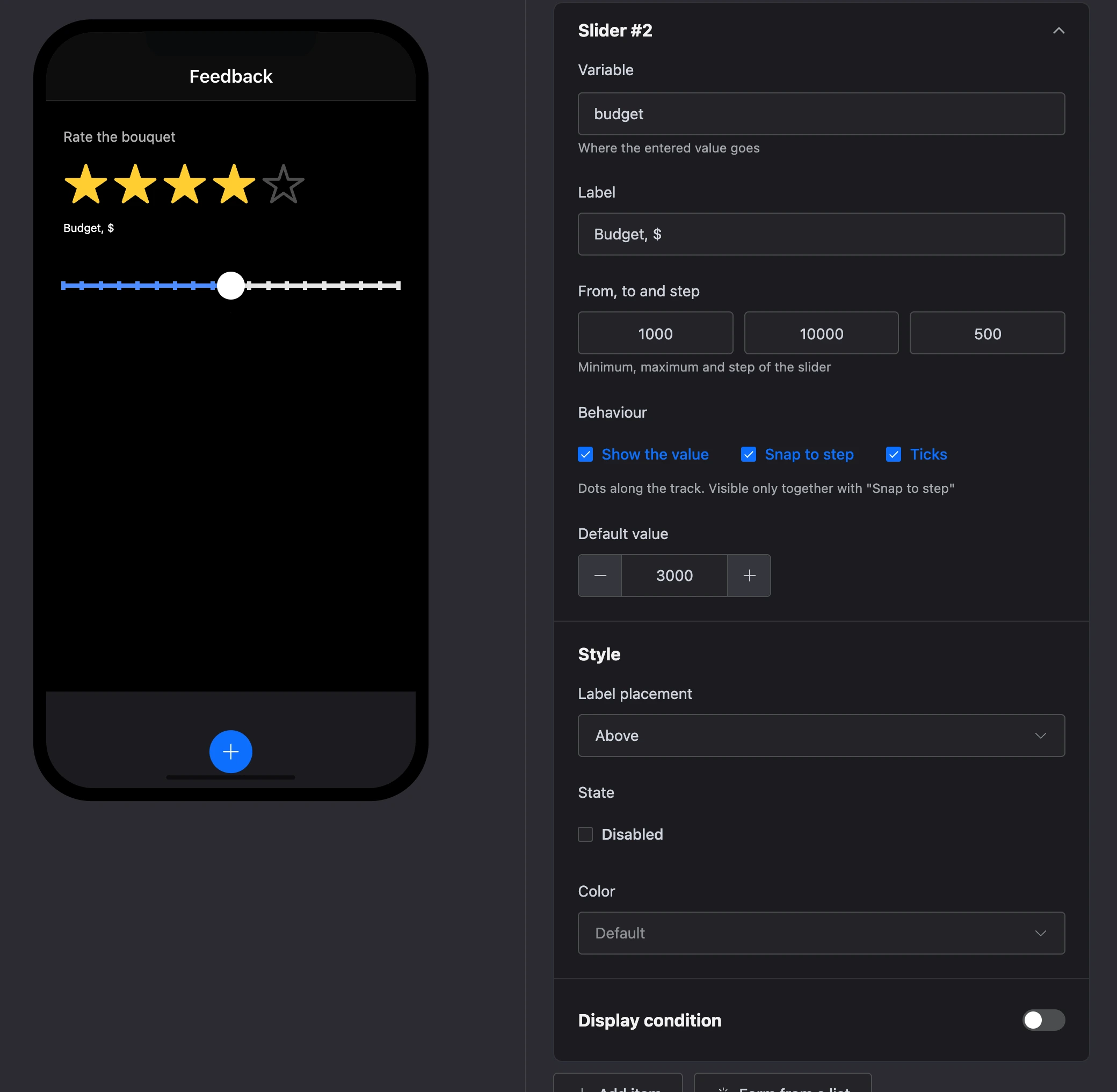 The "Slider" element: a budget with ticks on the screen and the element's settings
