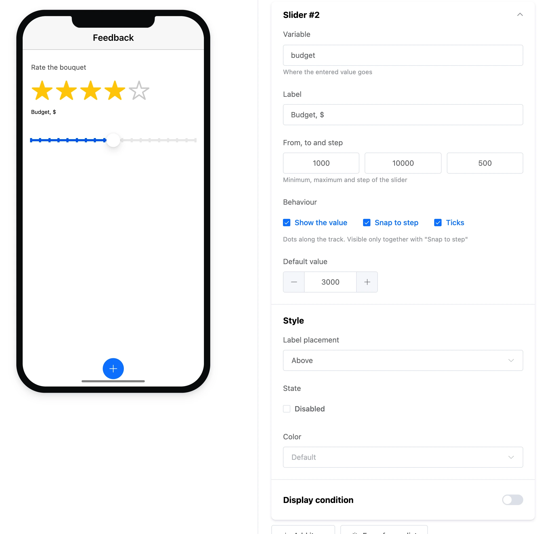 The "Slider" element: a budget with ticks on the screen and the element's settings