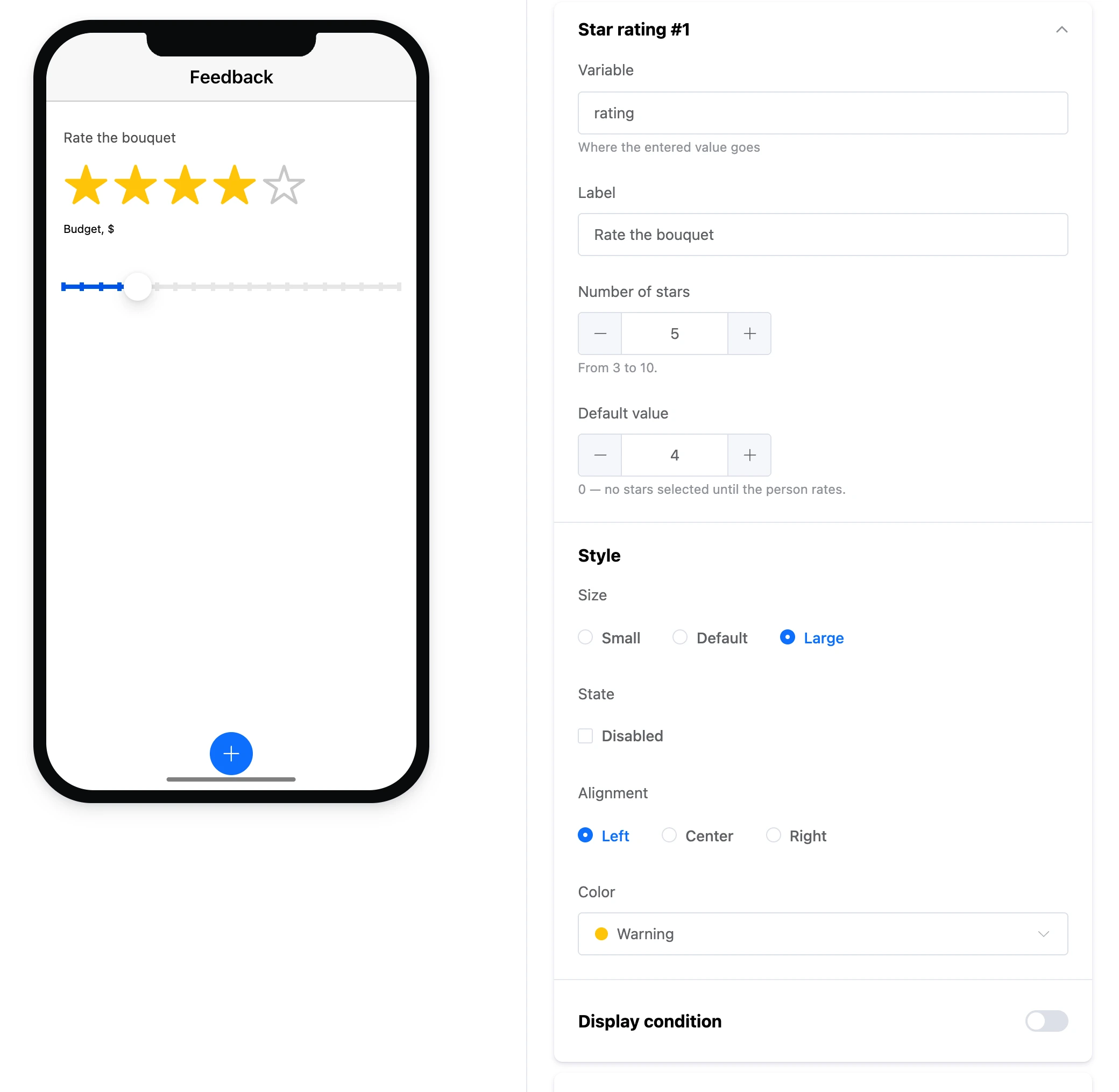 The "Star rating" element: four stars out of five on the screen and the element's settings