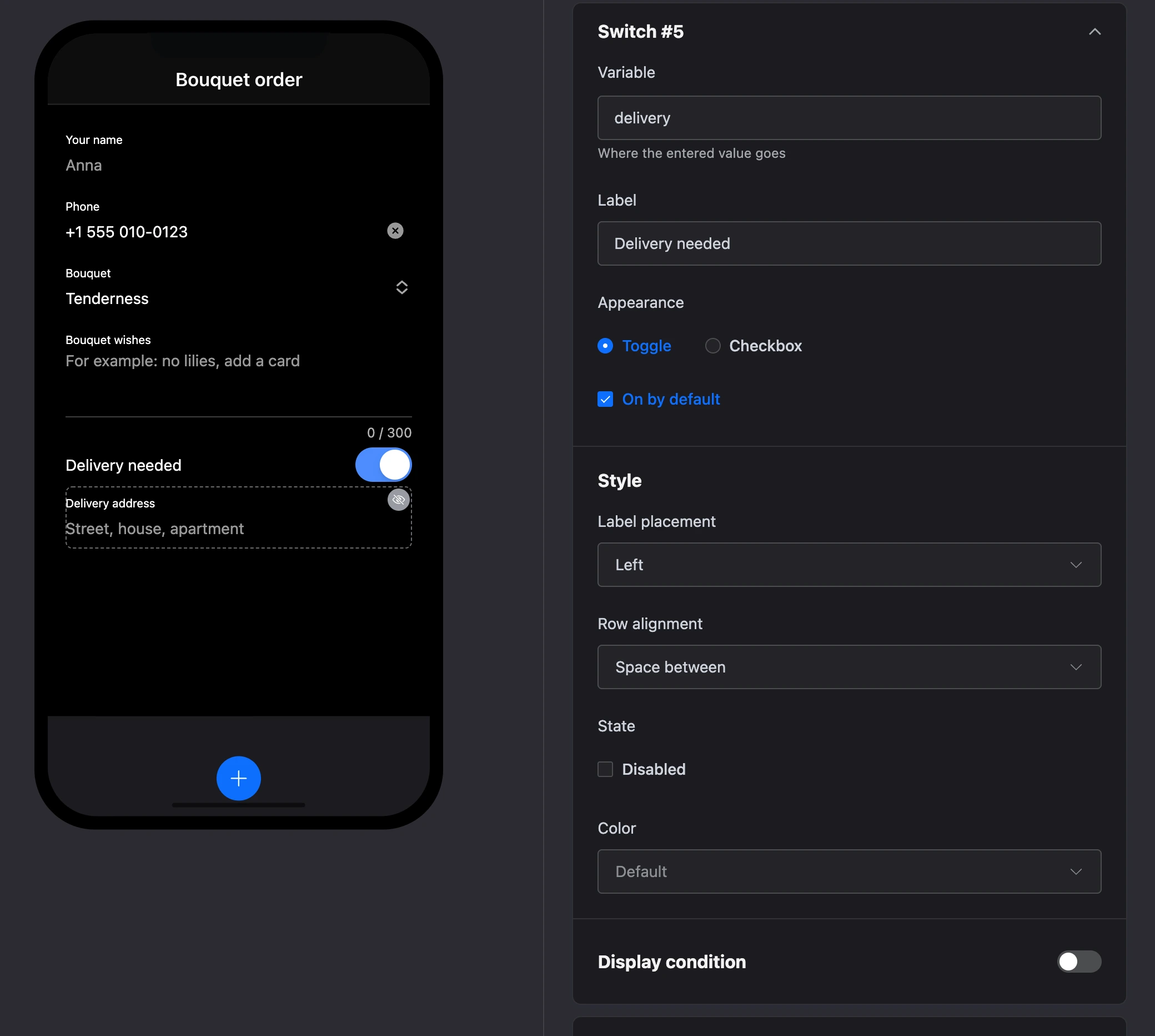 The "Switch" element: "Delivery needed" on the screen and the element's settings