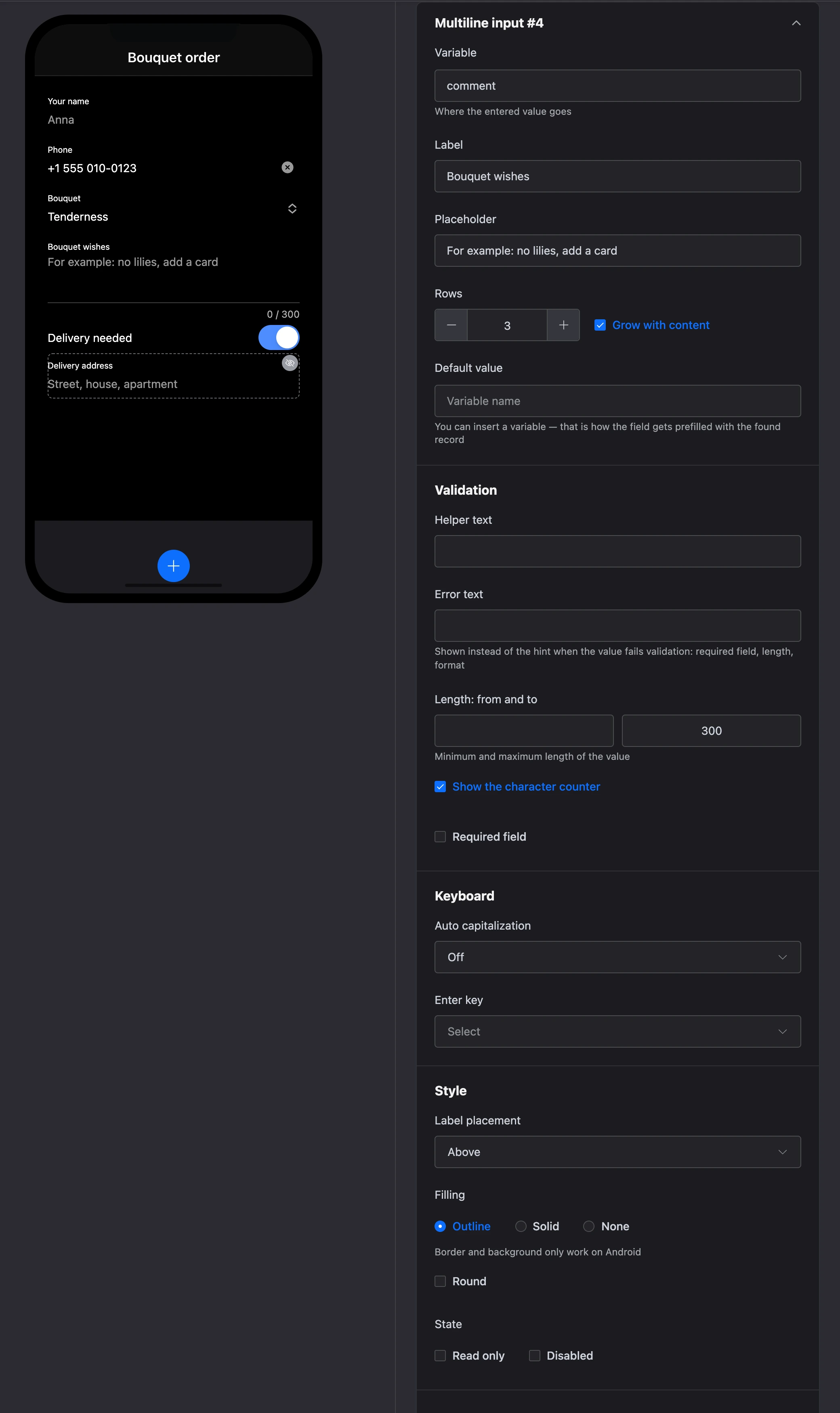 The "Multiline input" element: a wishes field with a character counter and its settings