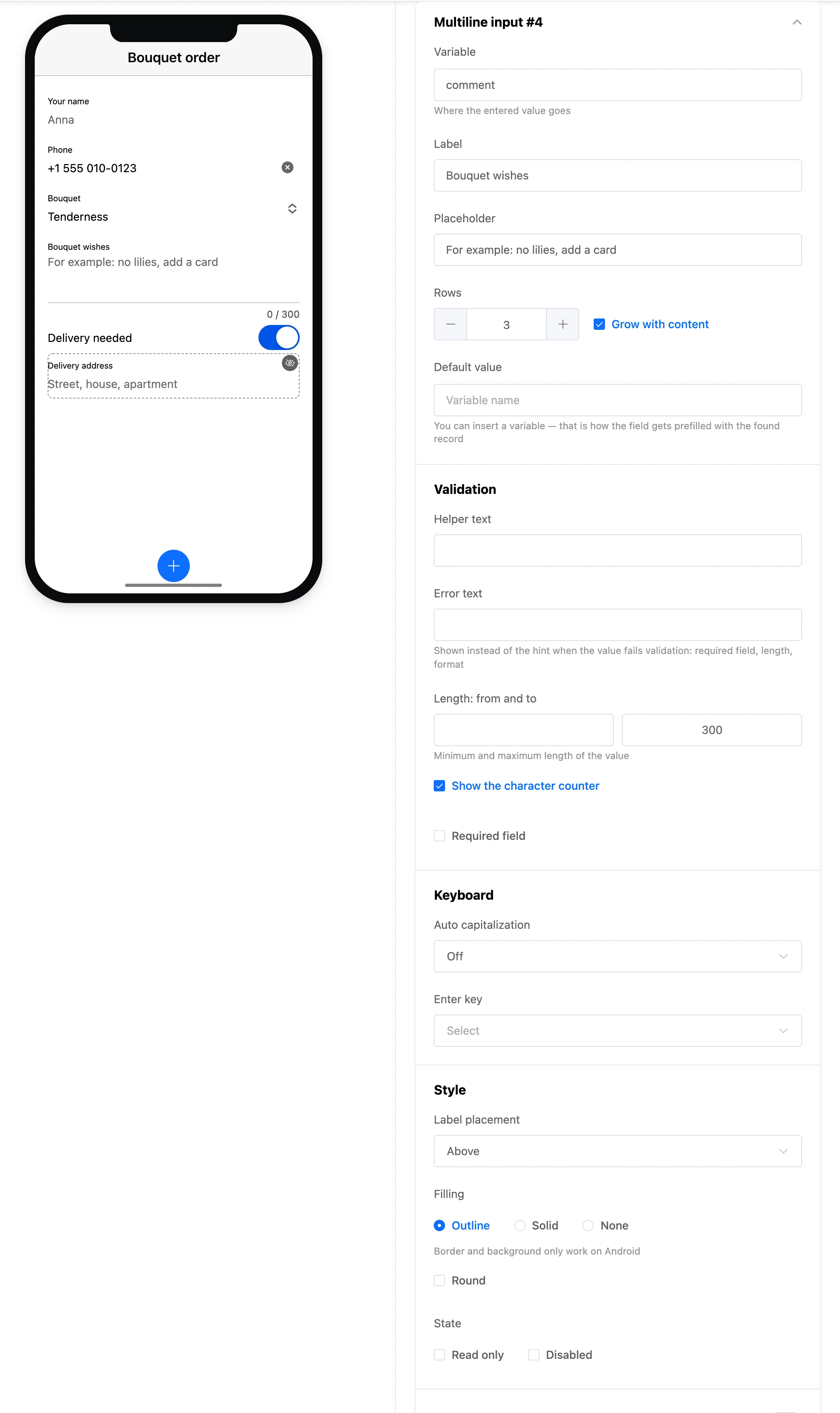 The "Multiline input" element: a wishes field with a character counter and its settings