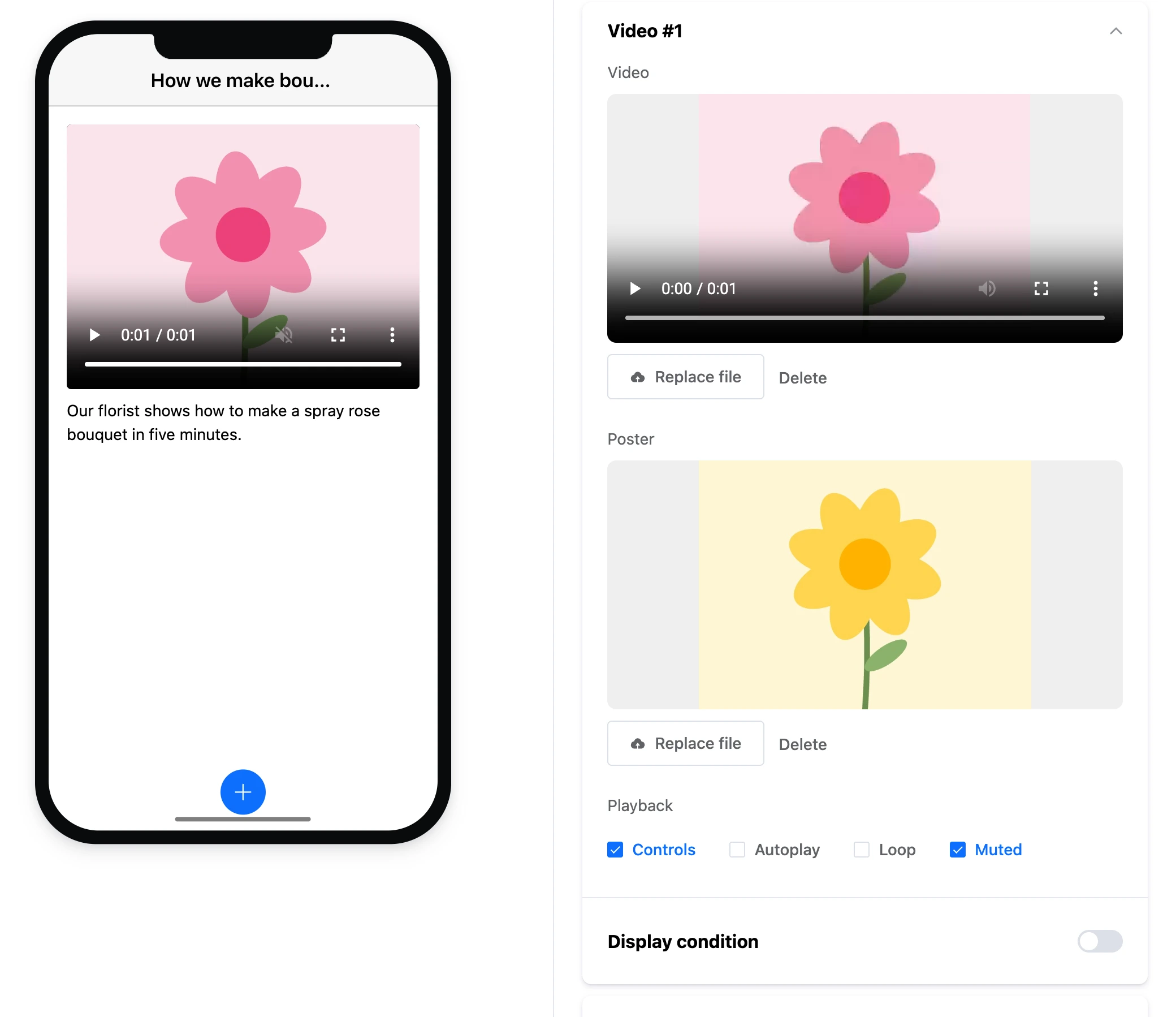 The "Video" element: a player with a poster on the screen and the element's settings