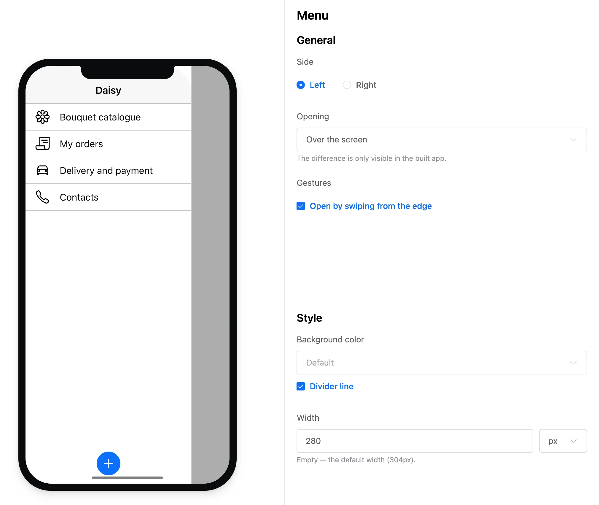 The Menu block: the menu on the phone and its settings