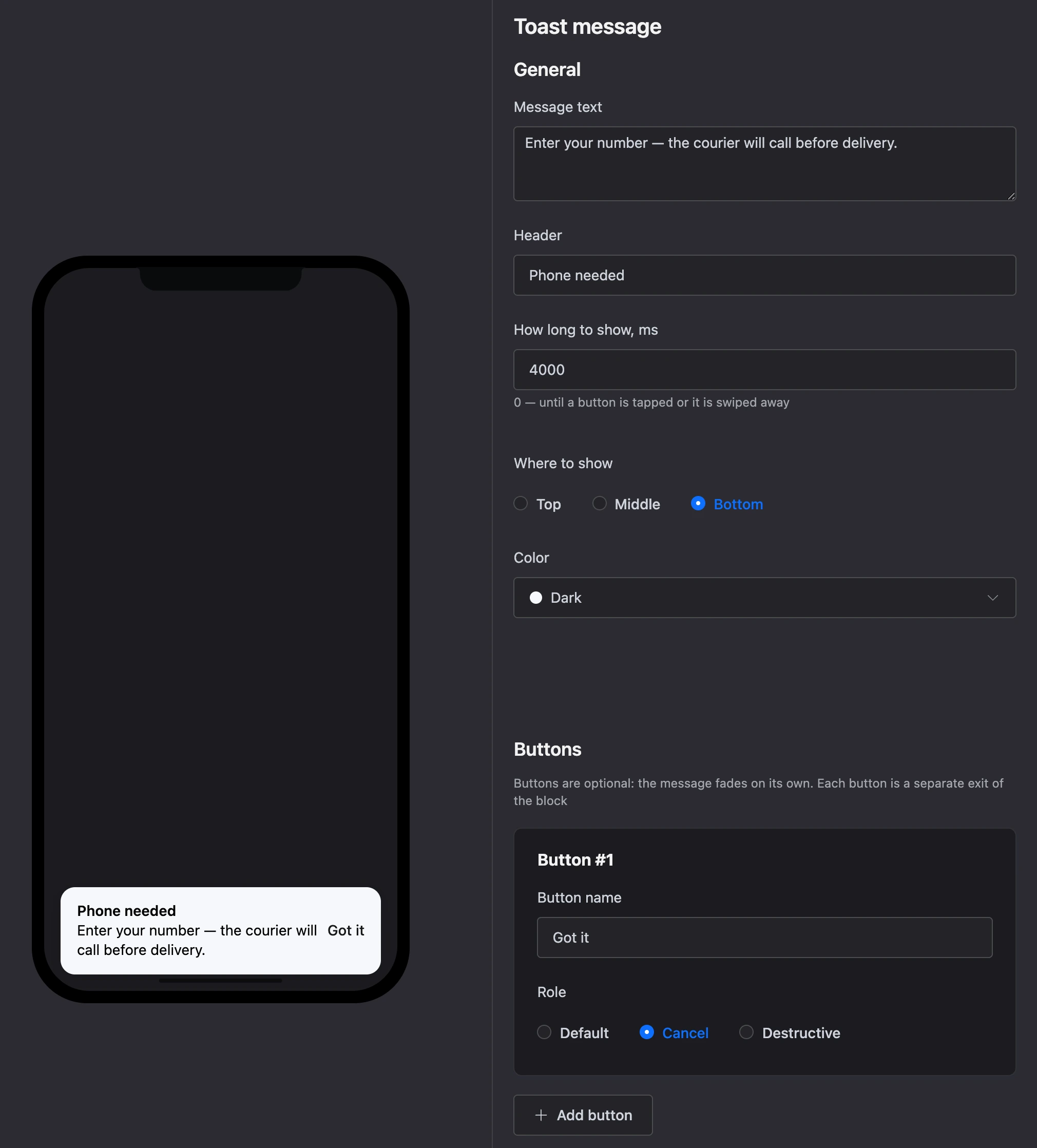 The Toast block: the bar at the bottom of the screen and its settings