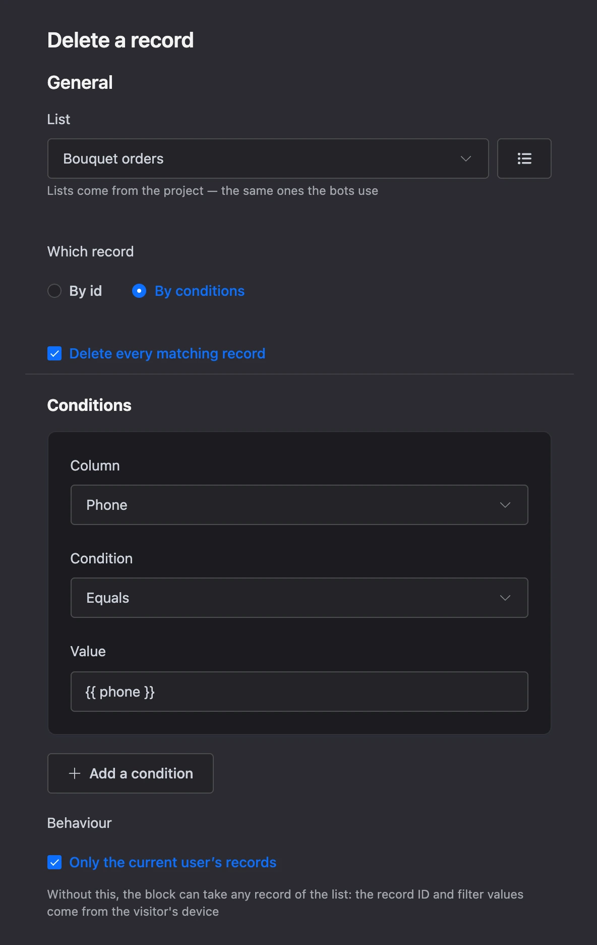 Delete record block: delete every matching record by a condition on the Phone column