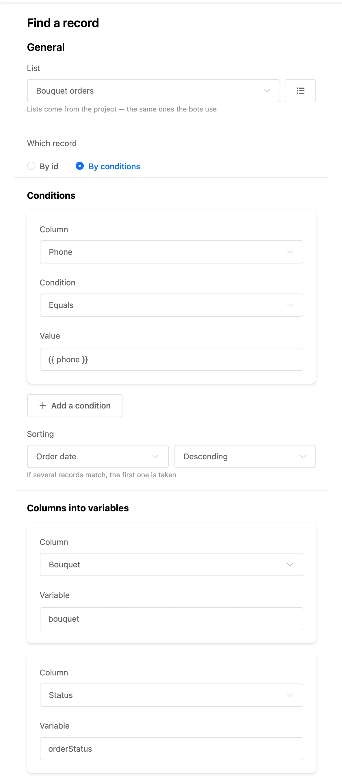 Find record block: a condition on the phone, sorting by order date and columns into variables