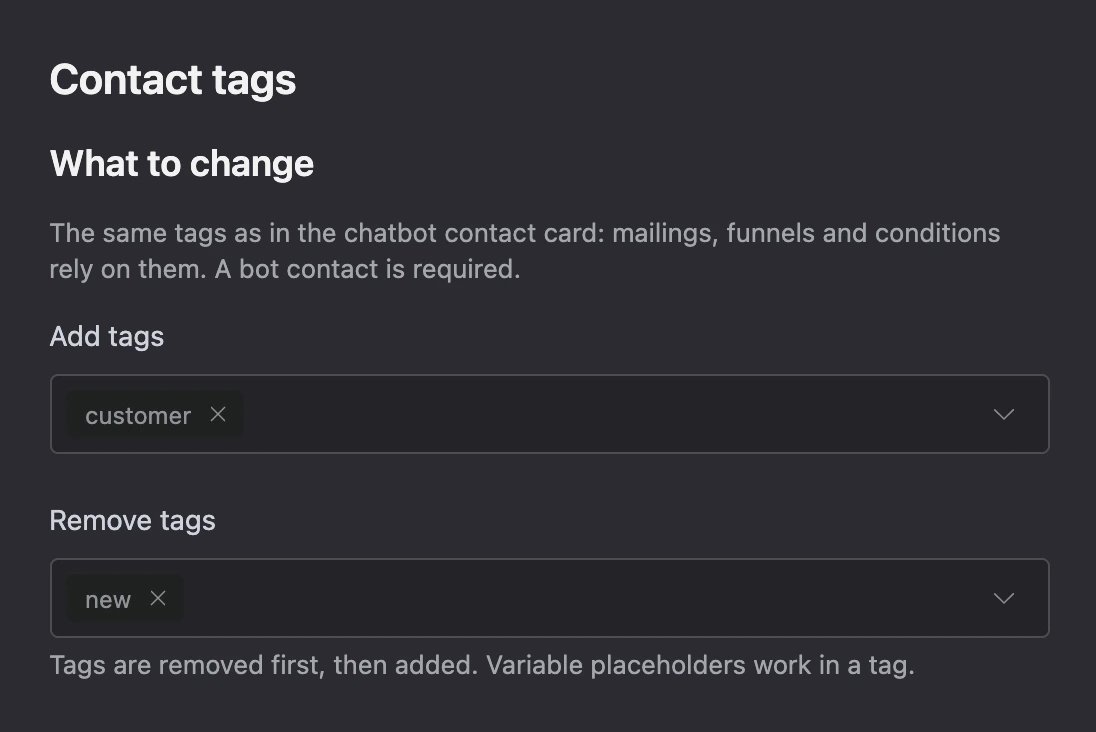 Contact tags block: add "customer", remove "new"