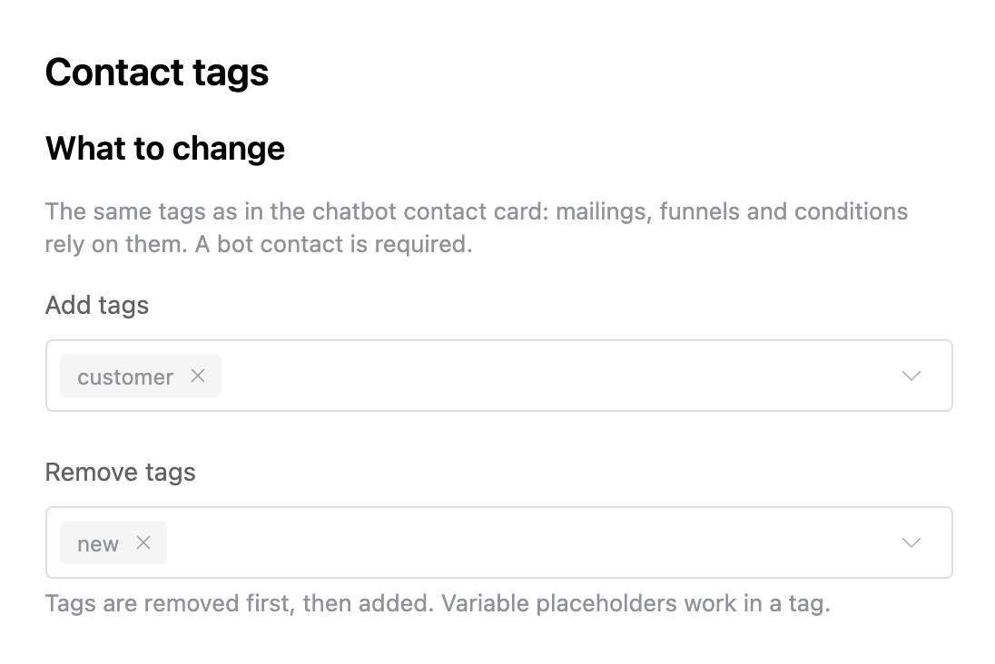 Contact tags block: add "customer", remove "new"