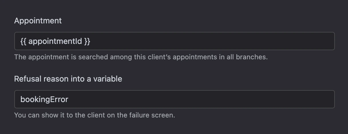 Cancel appointment block: the appointment from a variable and the refusal reason