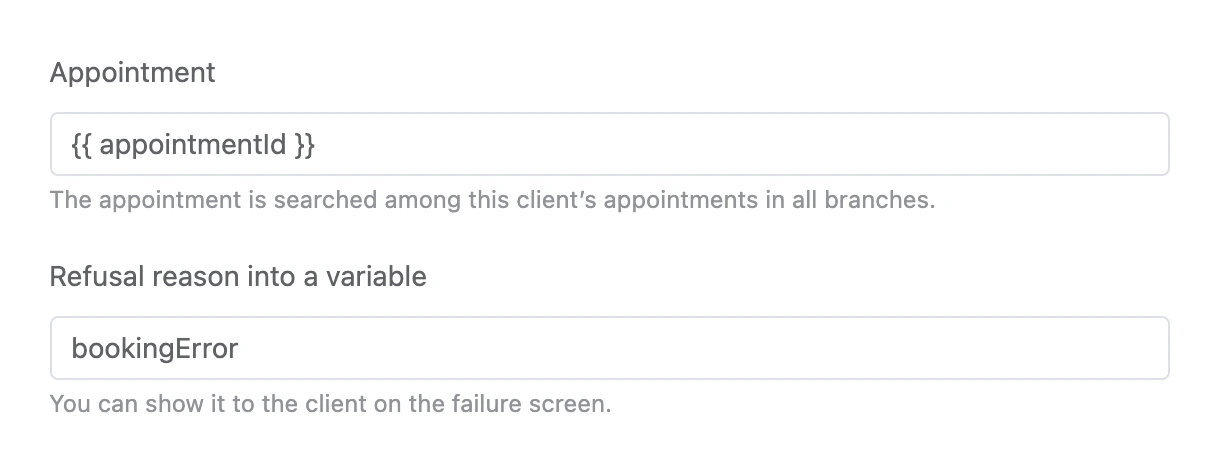 Cancel appointment block: the appointment from a variable and the refusal reason
