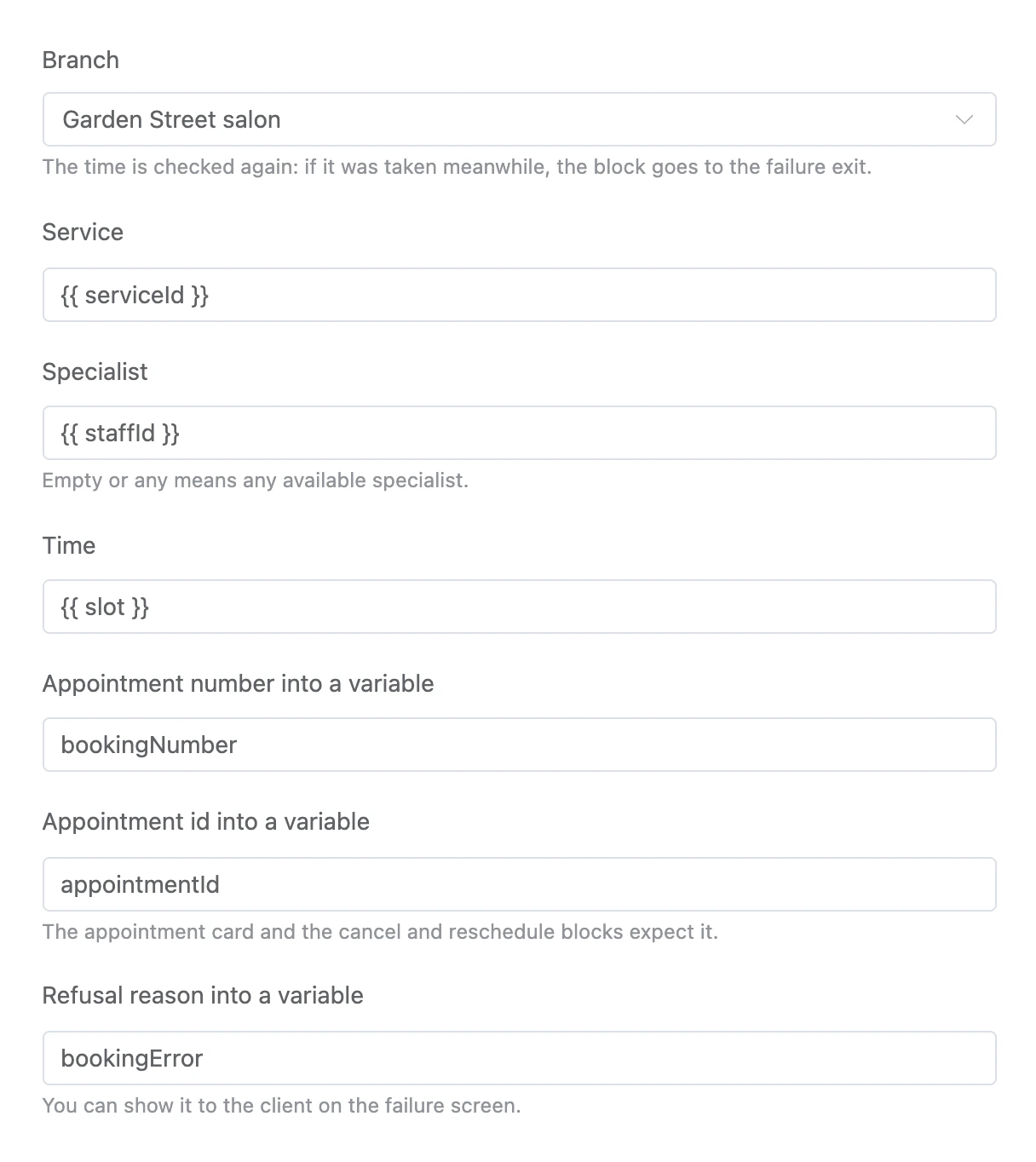 Book an appointment block: branch, service, specialist, time and variables
