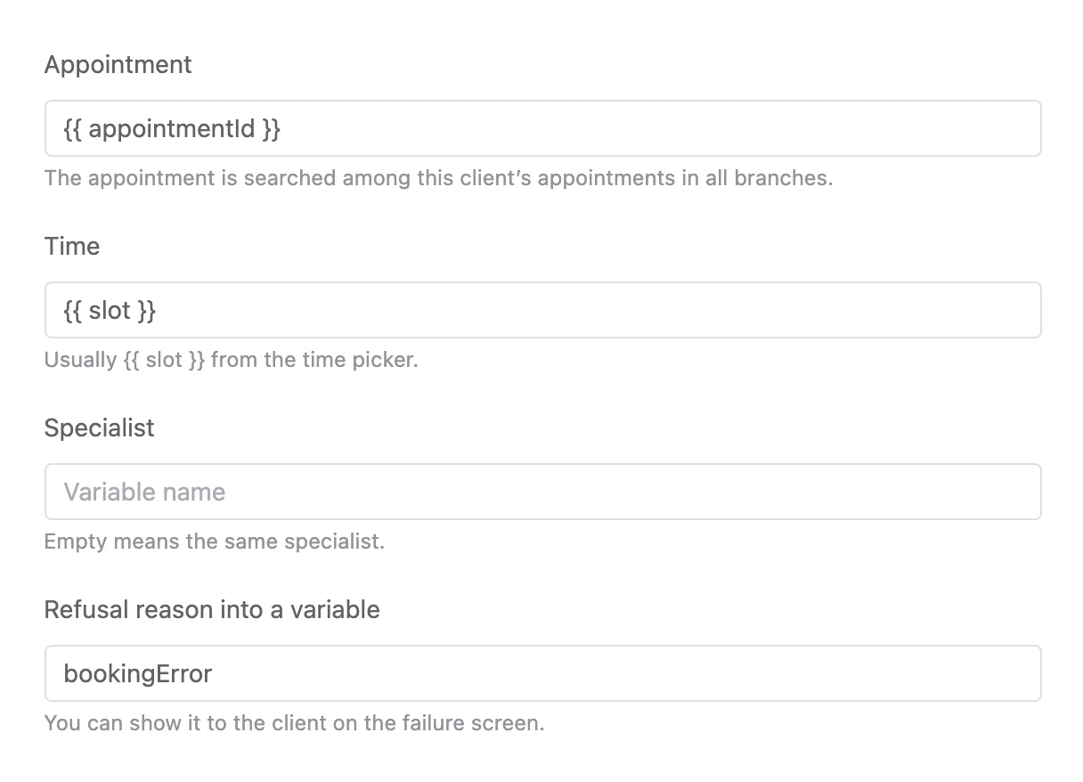 Reschedule appointment block: the appointment, time and specialist