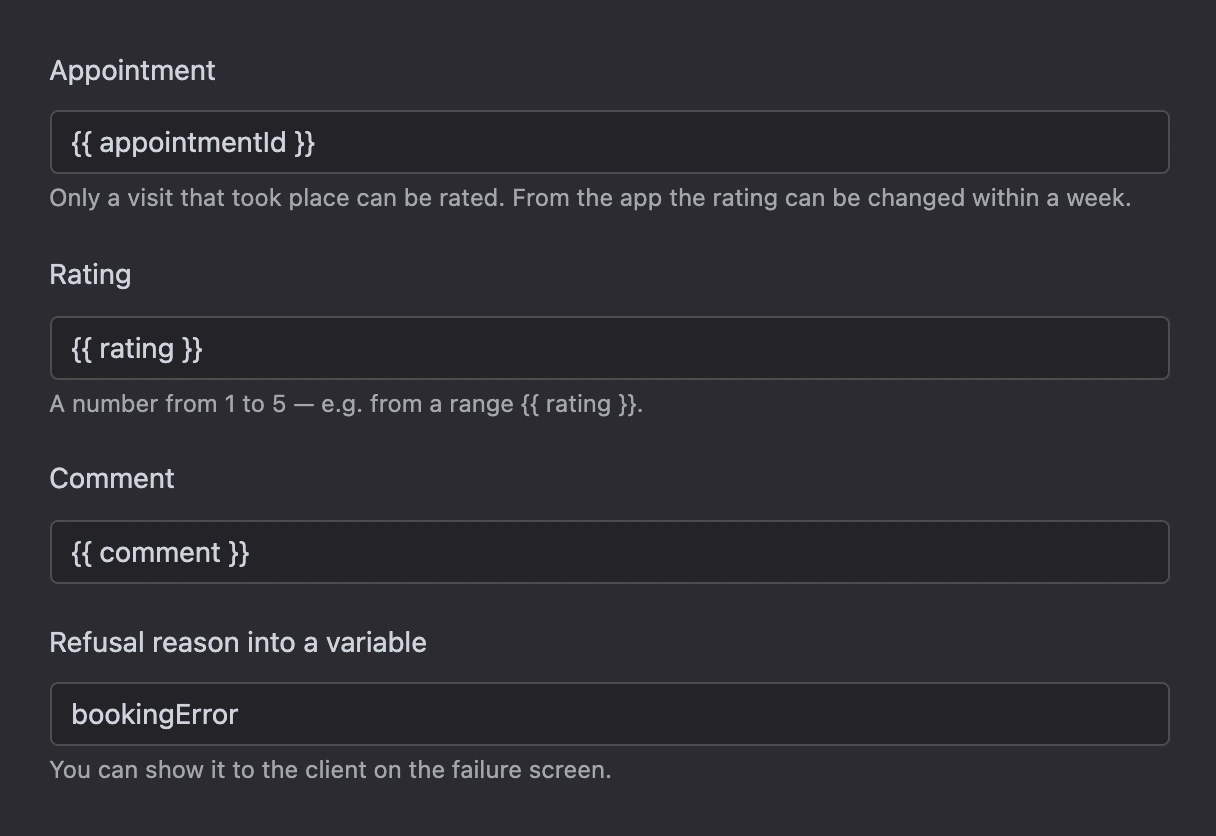 Rate the visit block: the appointment, rating and comment from variables