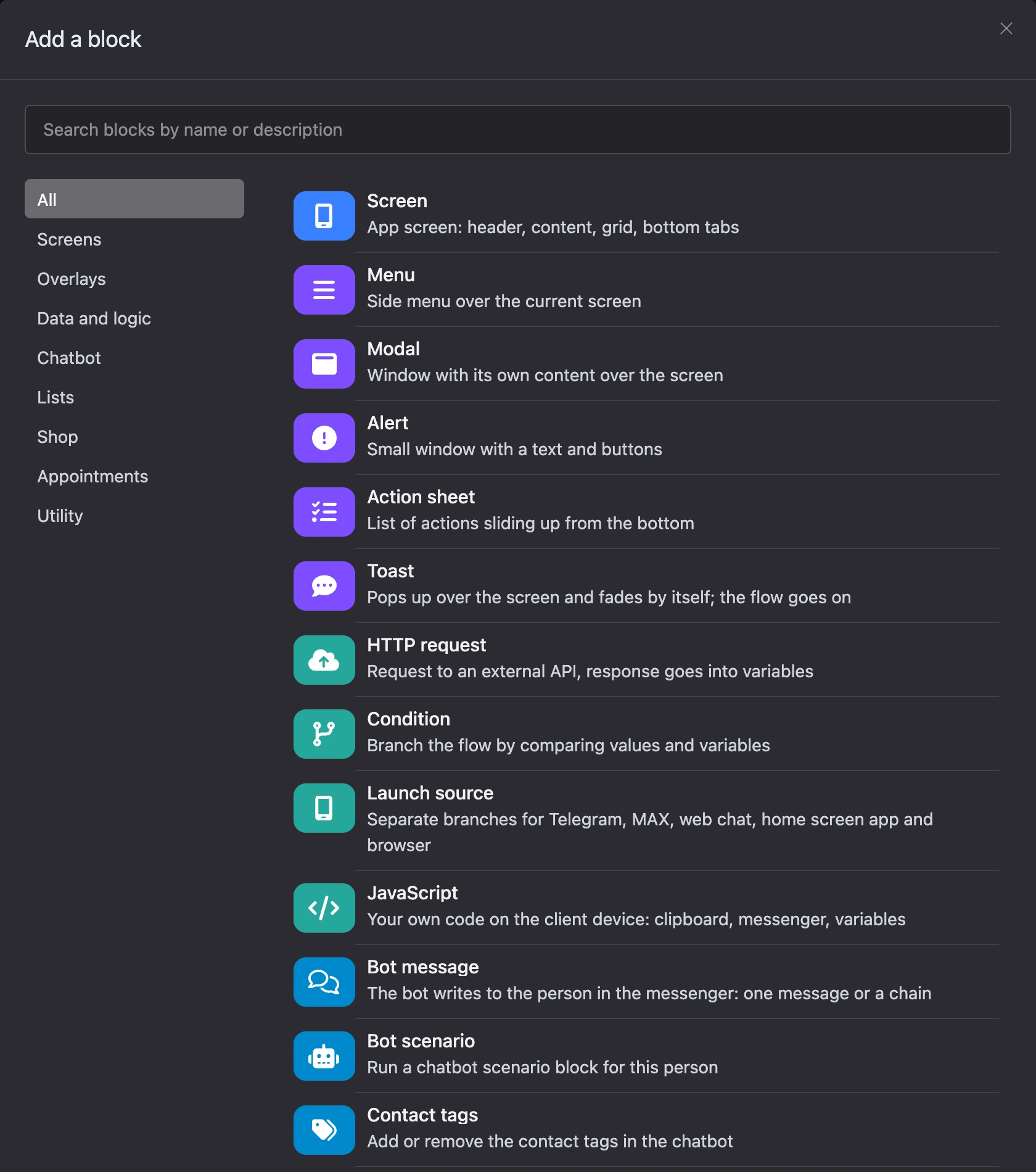 The "Add block" window with blocks by category