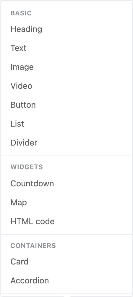 The "Add item" menu: elements by group