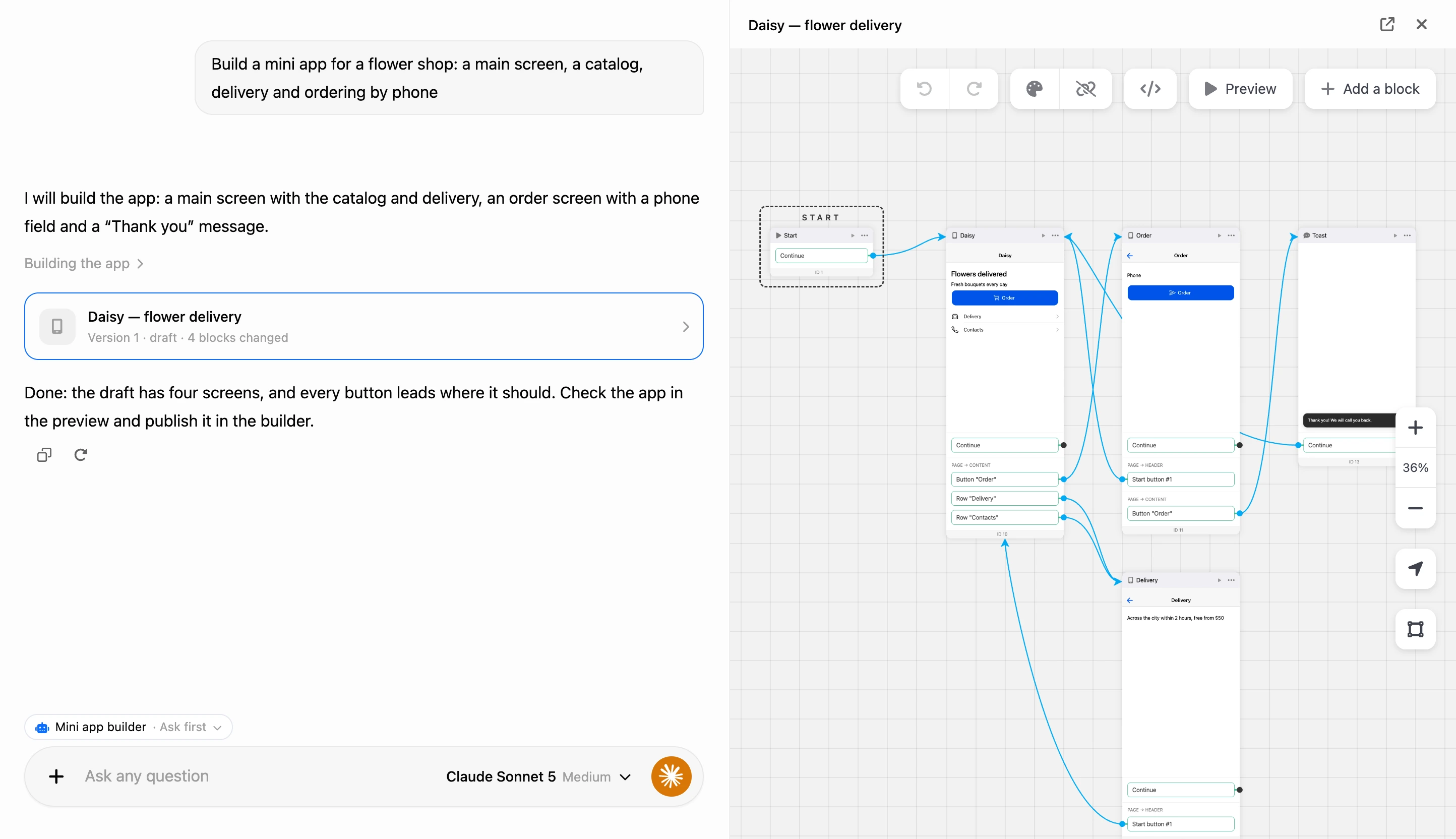 Building in the AI chat: the app card in the conversation and the app scheme on the right