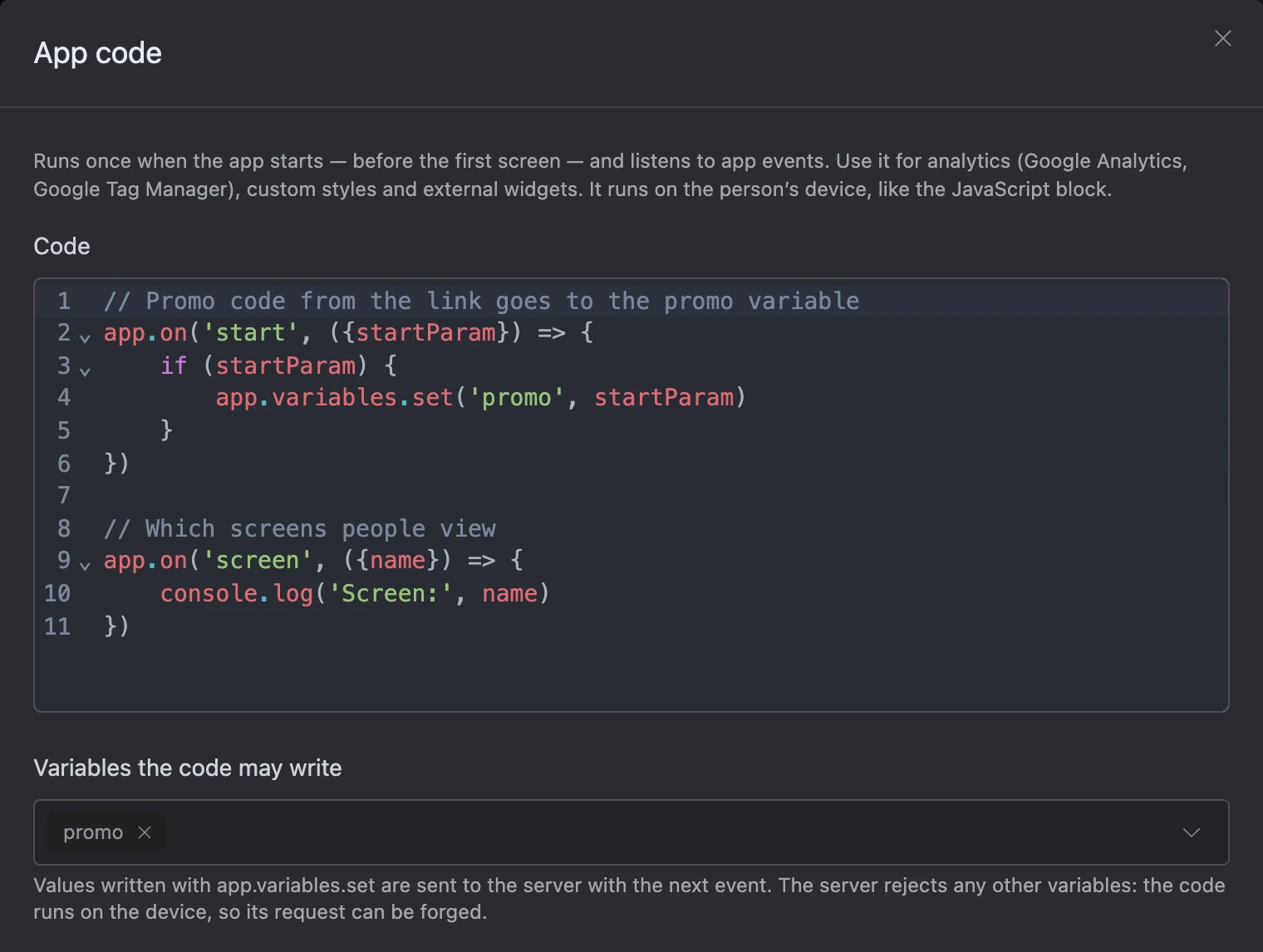 The "App code" window
