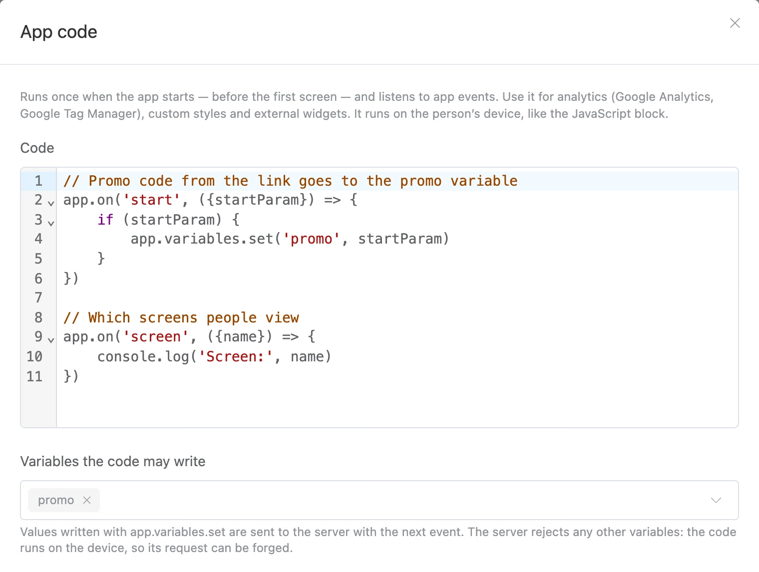 The "App code" window