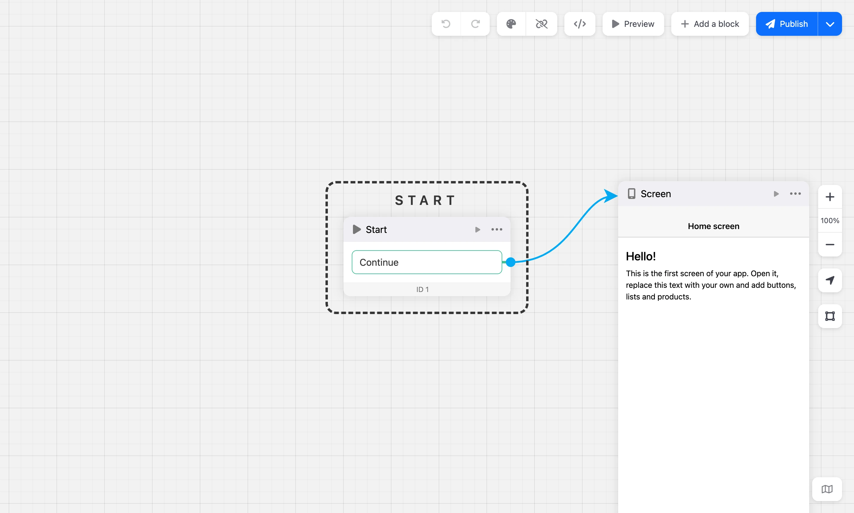 Mini app scheme: the Start block and the first screen
