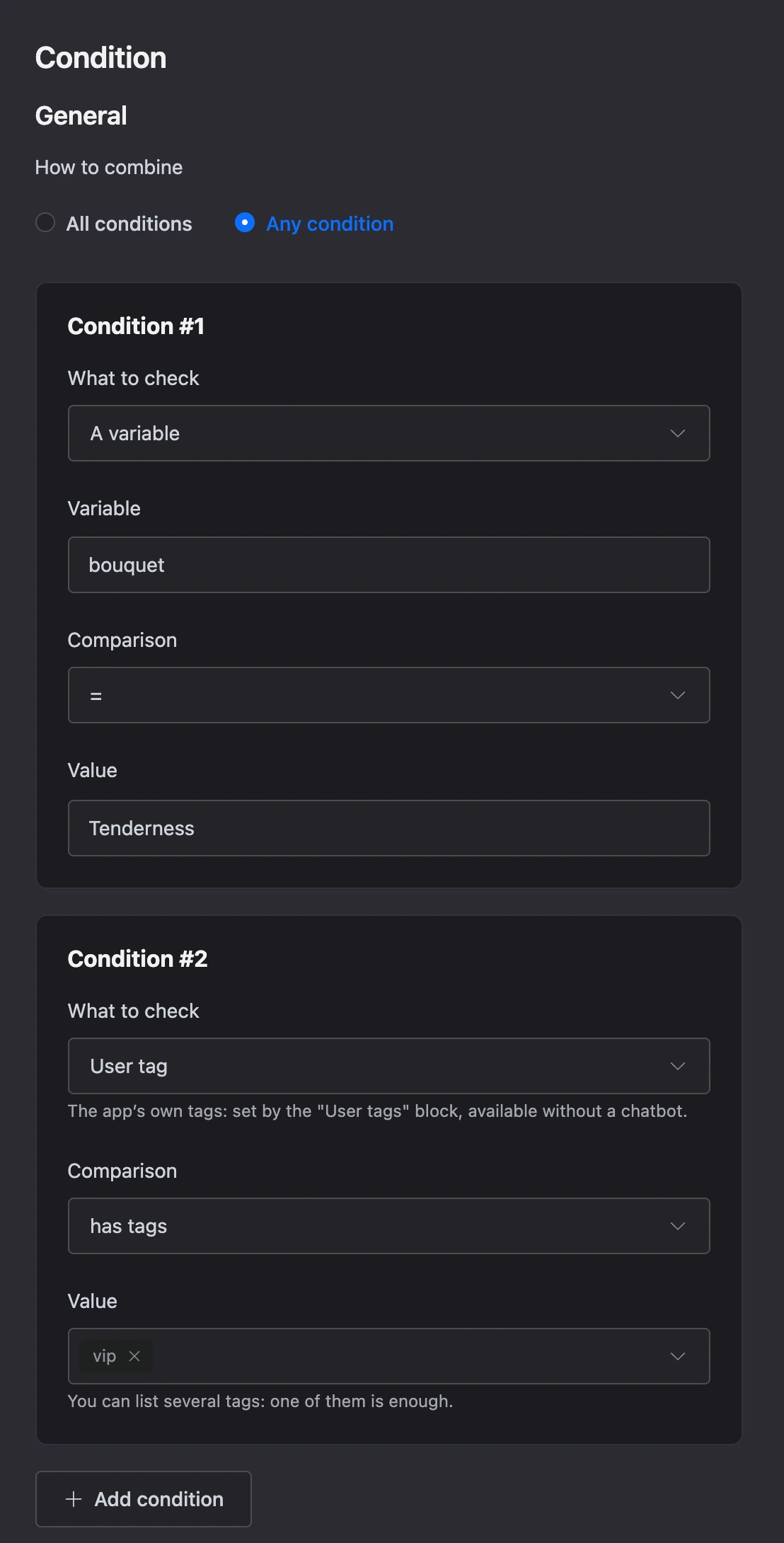 Condition block settings: a variable and a user tag