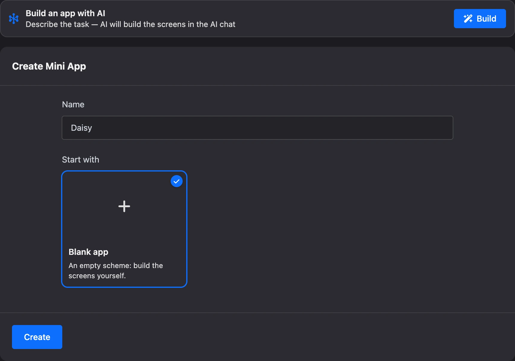 Mini app creation form: the "Build an app with AI" block, name and templates