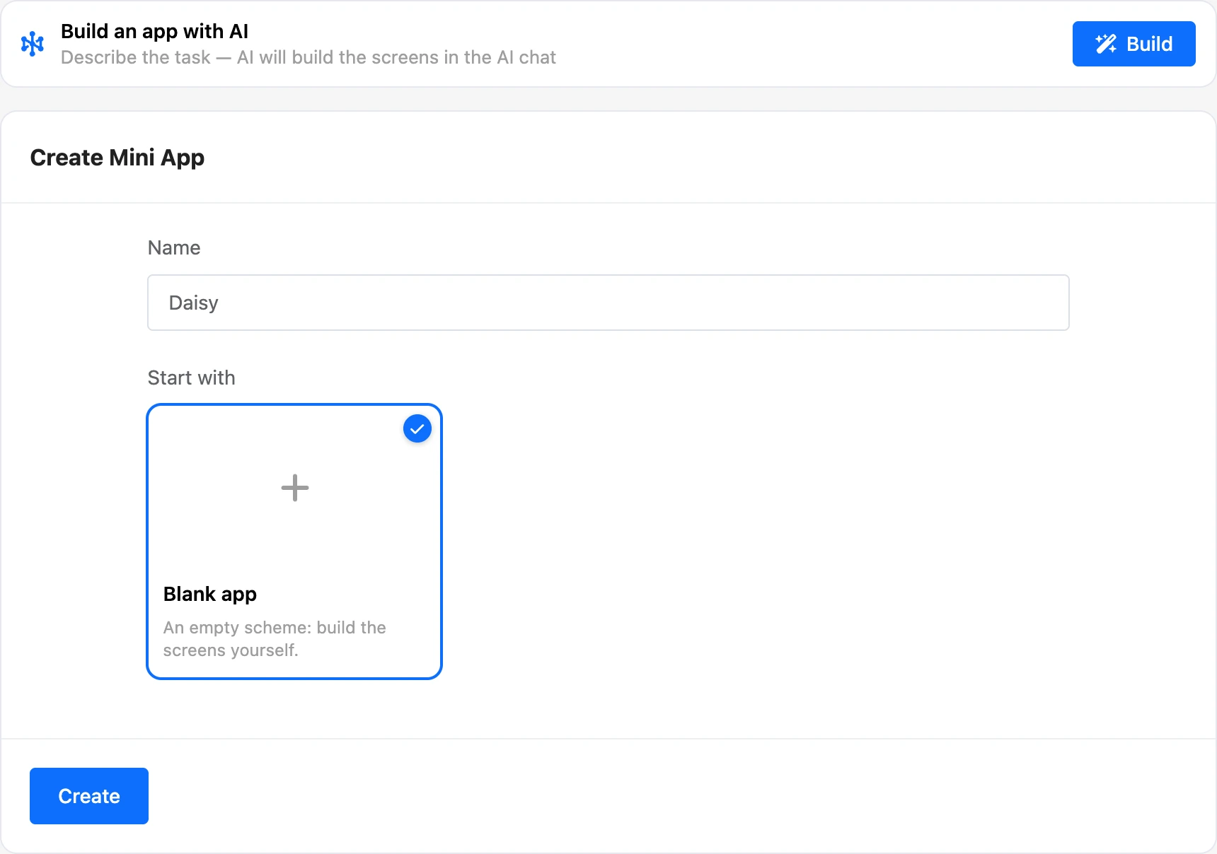 Mini app creation form: the "Build an app with AI" block, name and templates