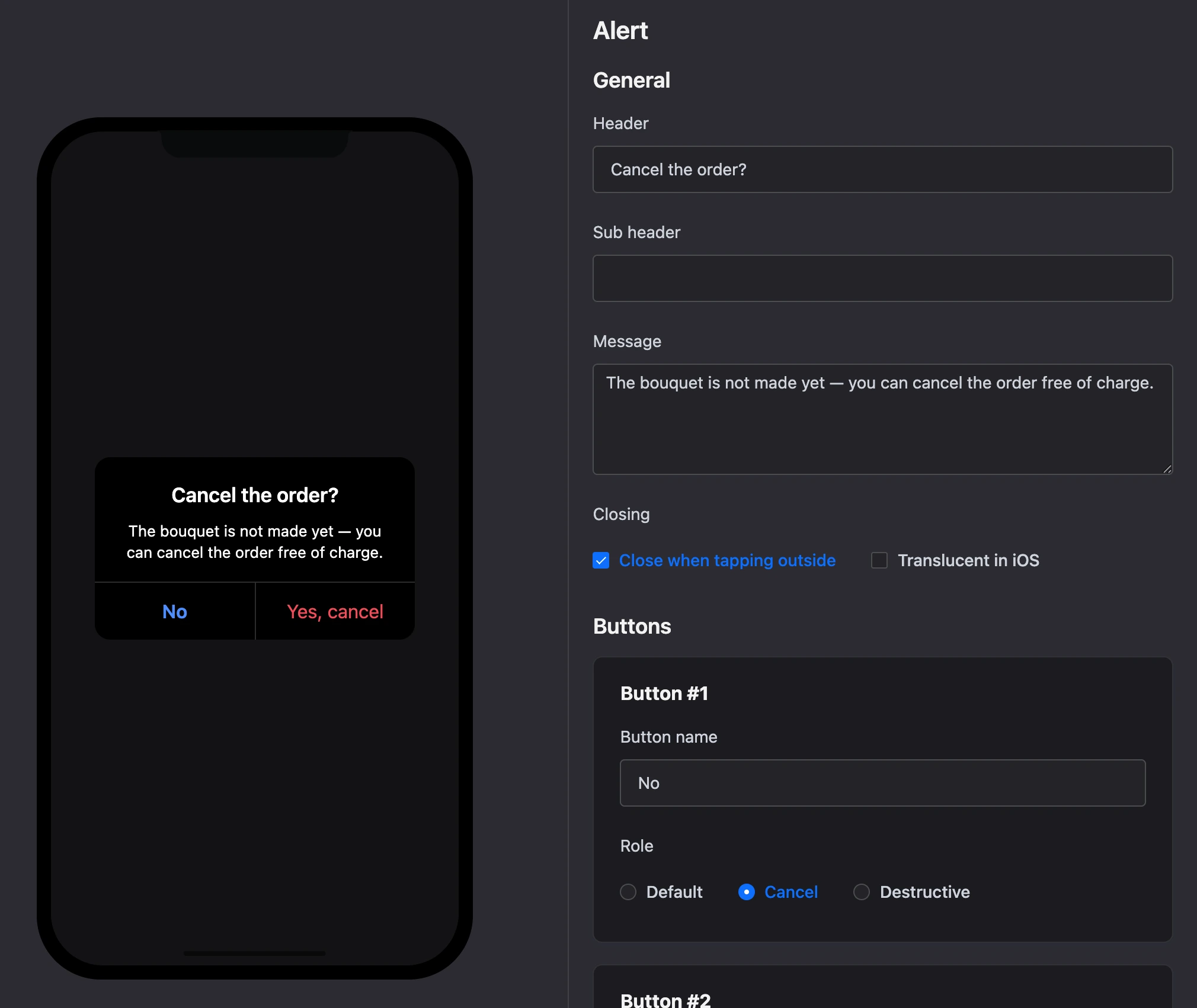 The Dialog block: the window on the phone and button settings