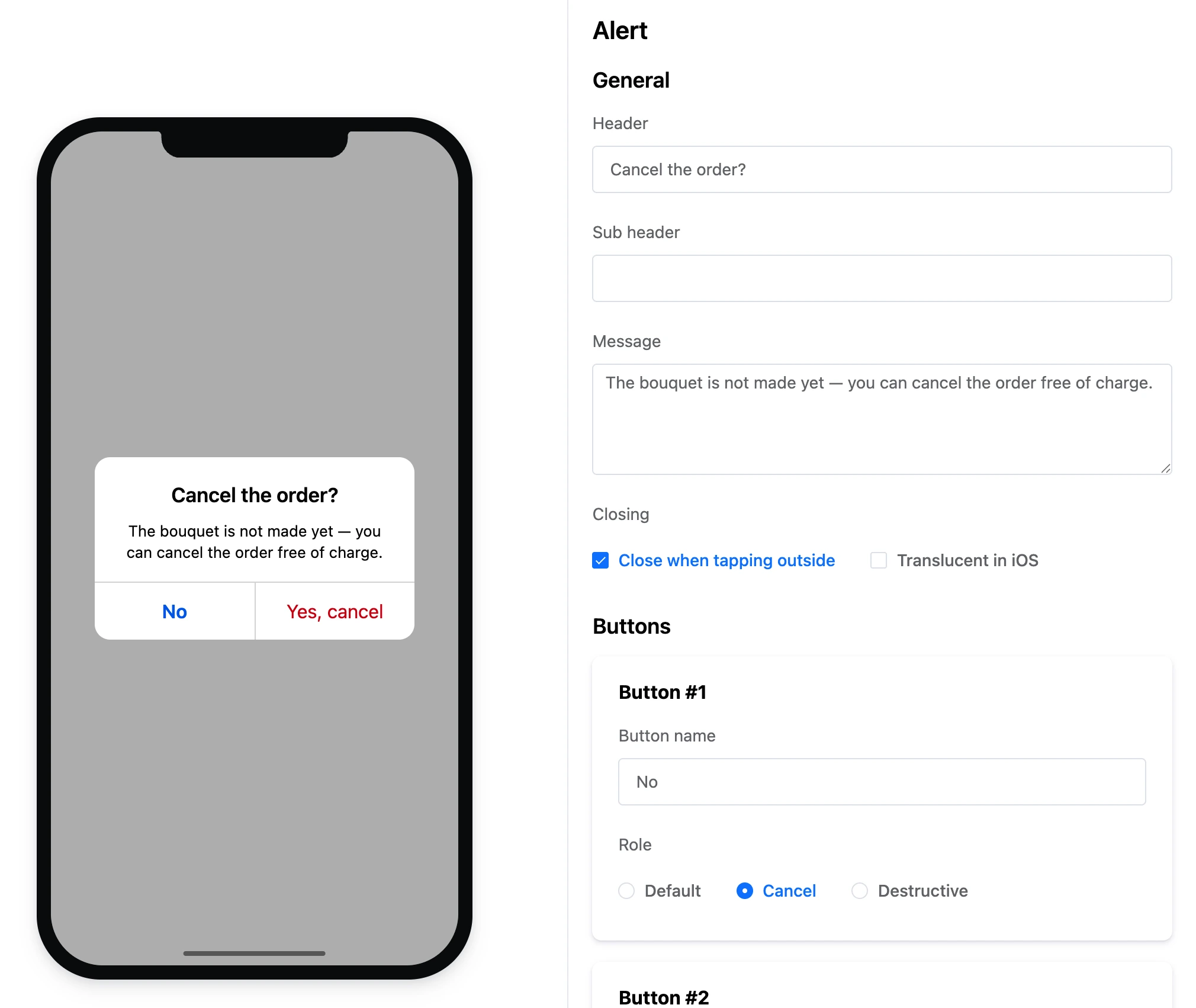 The Dialog block: the window on the phone and button settings