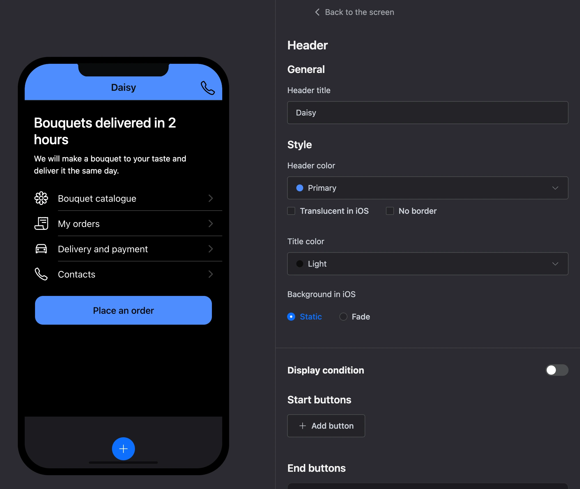 Screen editor: the header is selected on the phone, its settings on the right