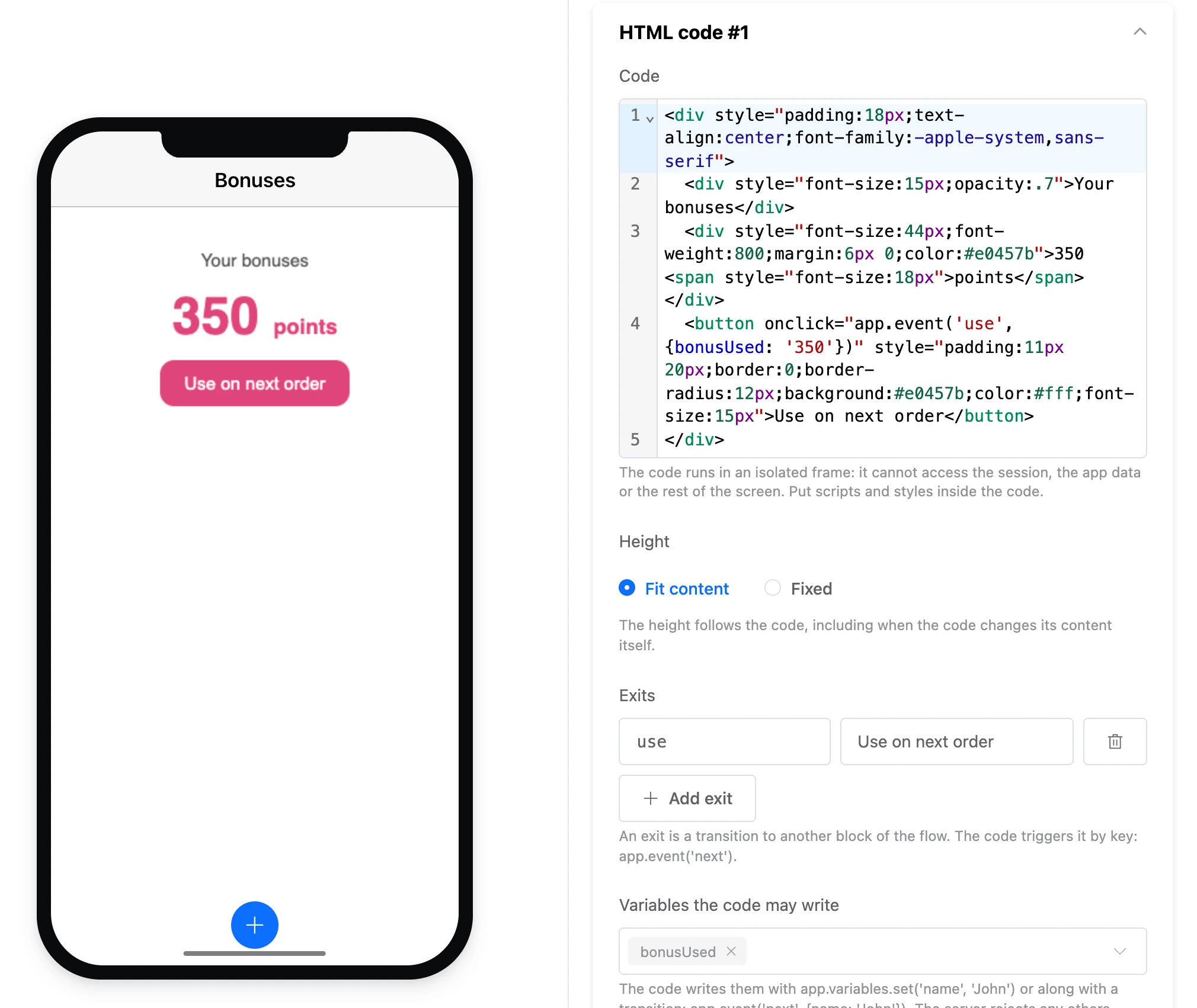 The "HTML code" element: a bonus card on the screen, the code, exits and variables