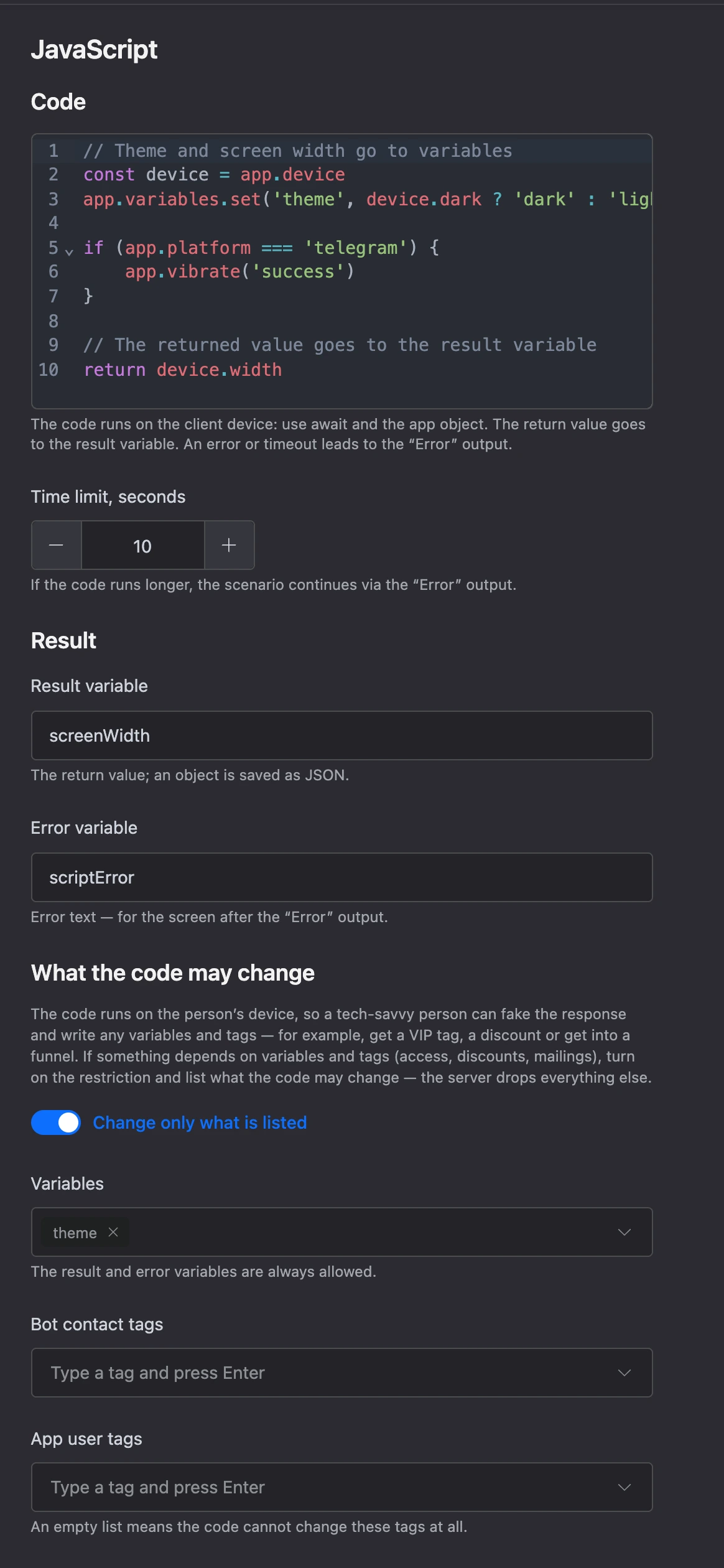 JavaScript block settings