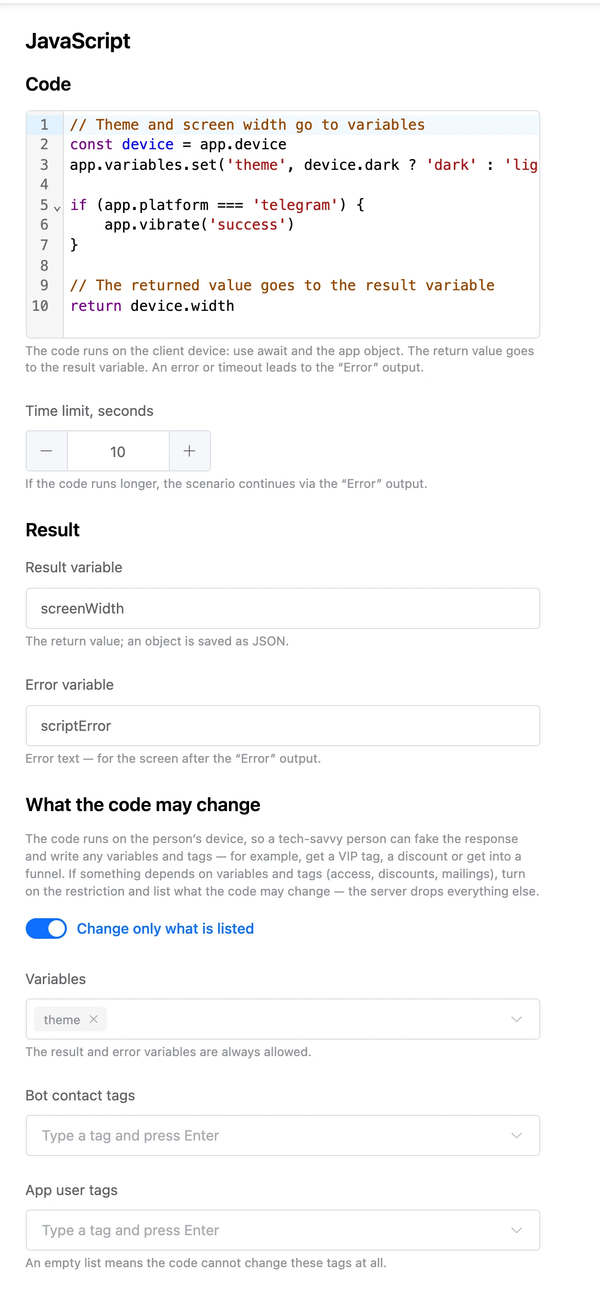 JavaScript block settings