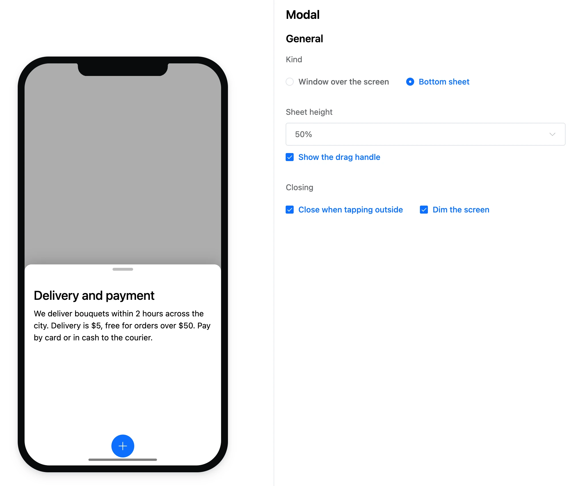 A "Bottom sheet" modal and its settings