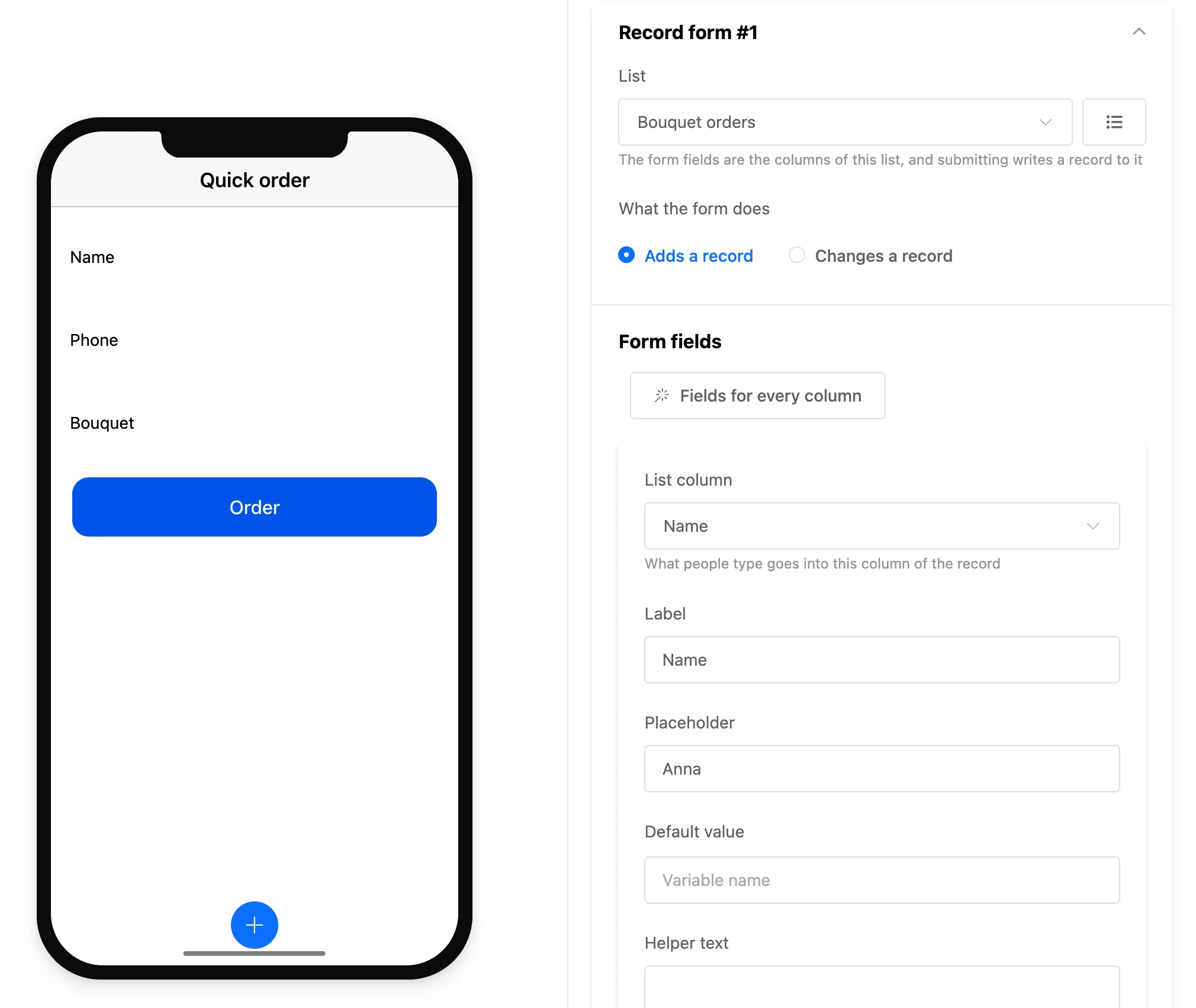 The "Record form" element: a quick order form on the screen and the form fields in the settings