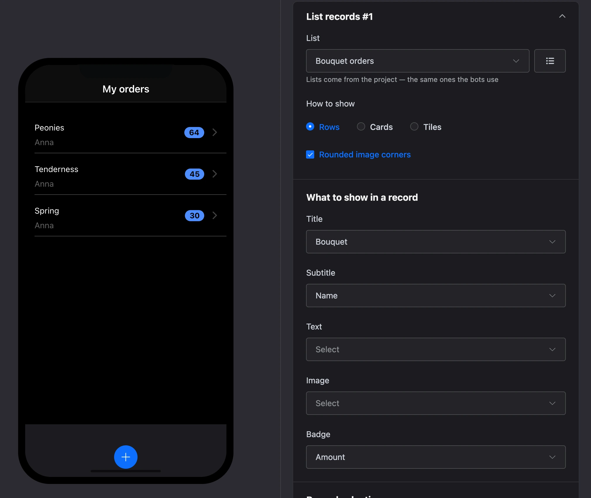List records element: what to show, filtering and sorting